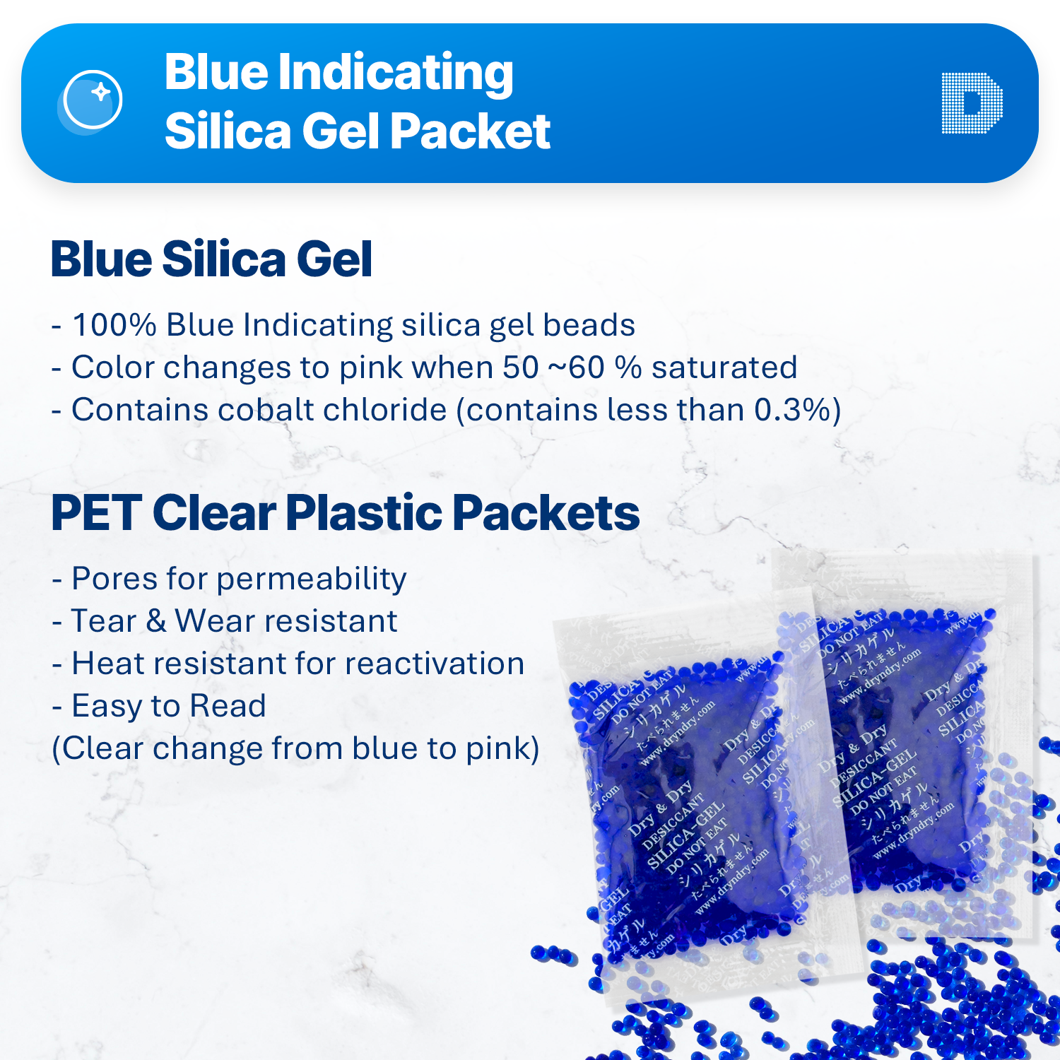 10 Gram Blue Indicating Clear Plastic(PET) Silica Gel Packets