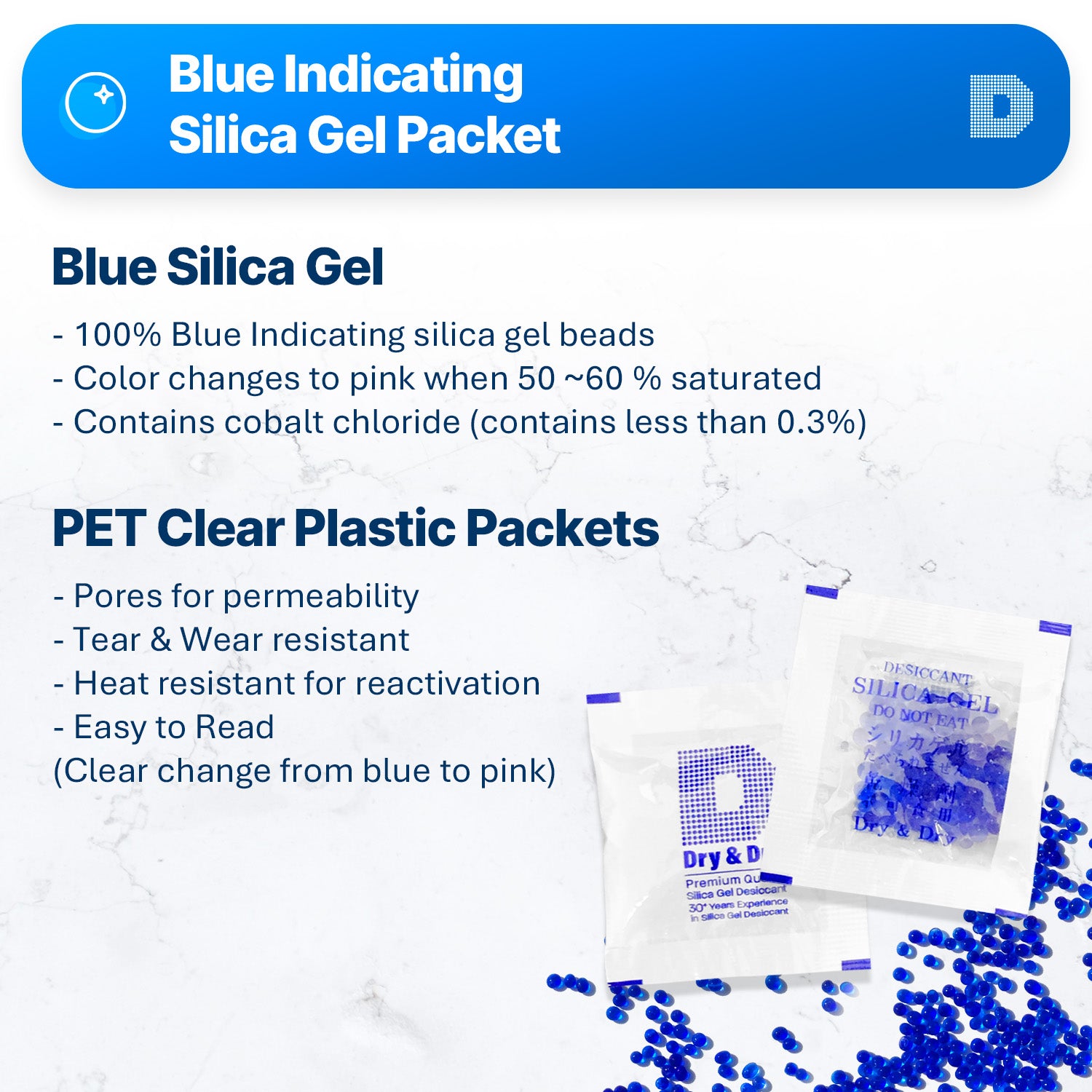 1 Gram Blue Indicating Clear Plastic(PET) Silica Gel Packets