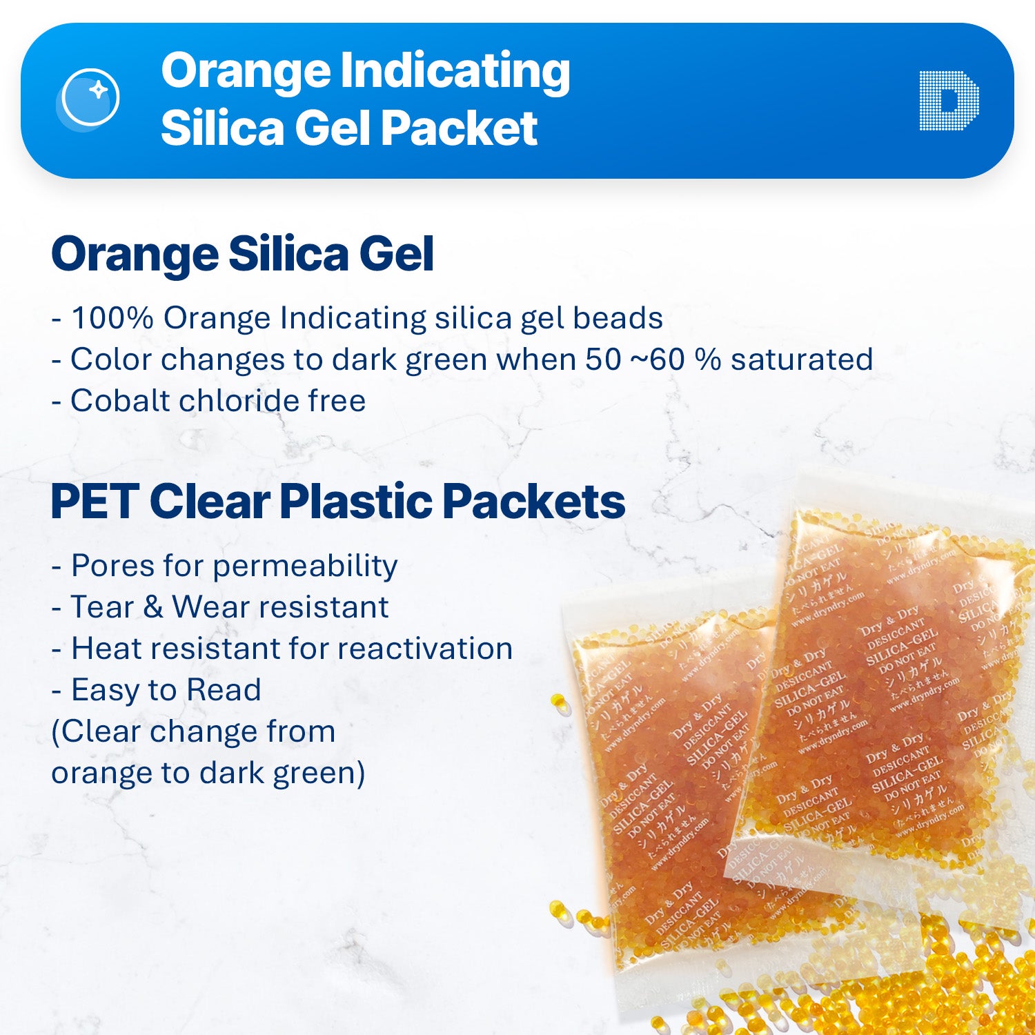 20 Gram Orange Indicating Clear Plastic(PET) Silica Gel Packets