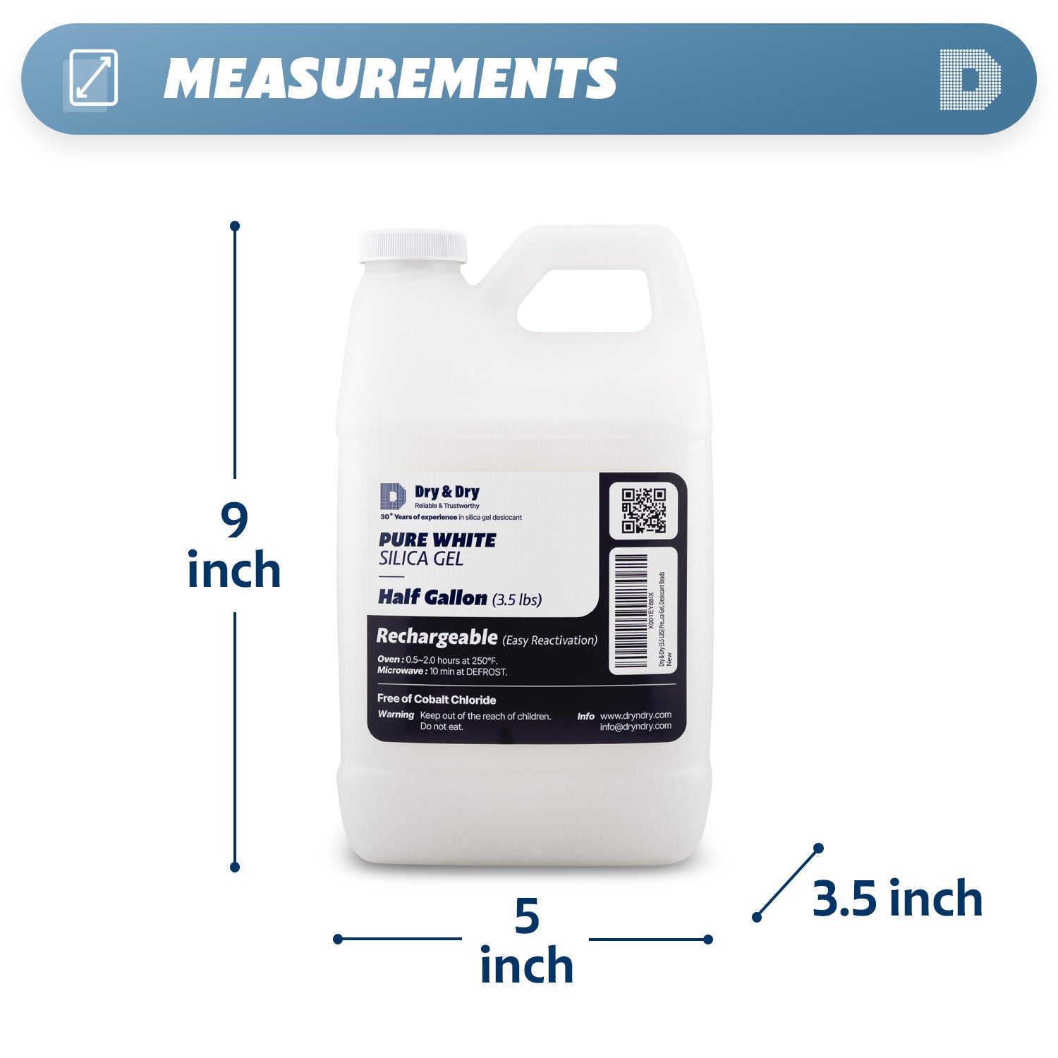 1/2 Gallon "Dry & Dry" Premium White Silica Gel Beads (Industry Standard 3-5 mm) - 3.5 LBS Reusable