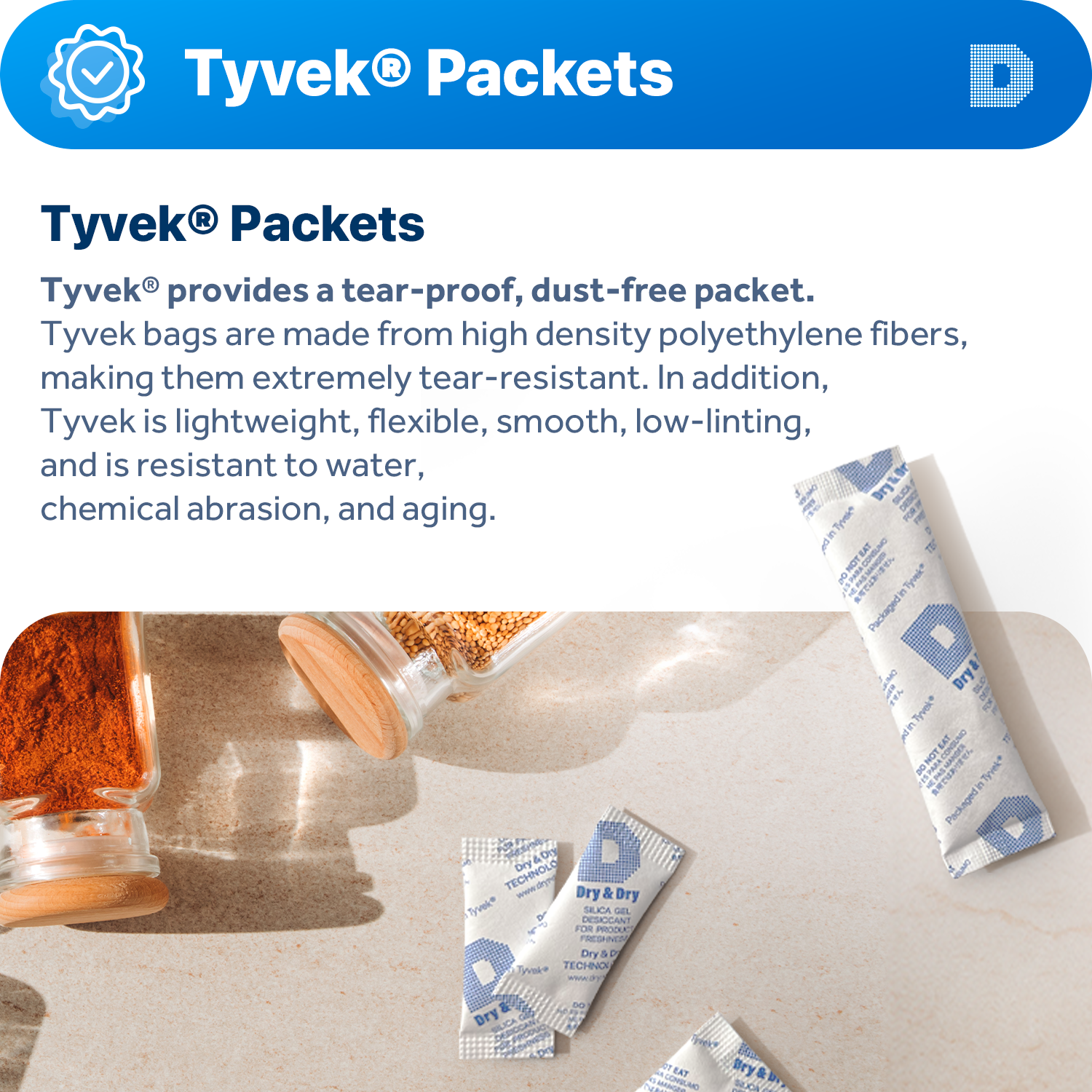3 Gram [5,000 Packets] Tyvek® Silica Gel Desiccant Packets (FDA Compliant)