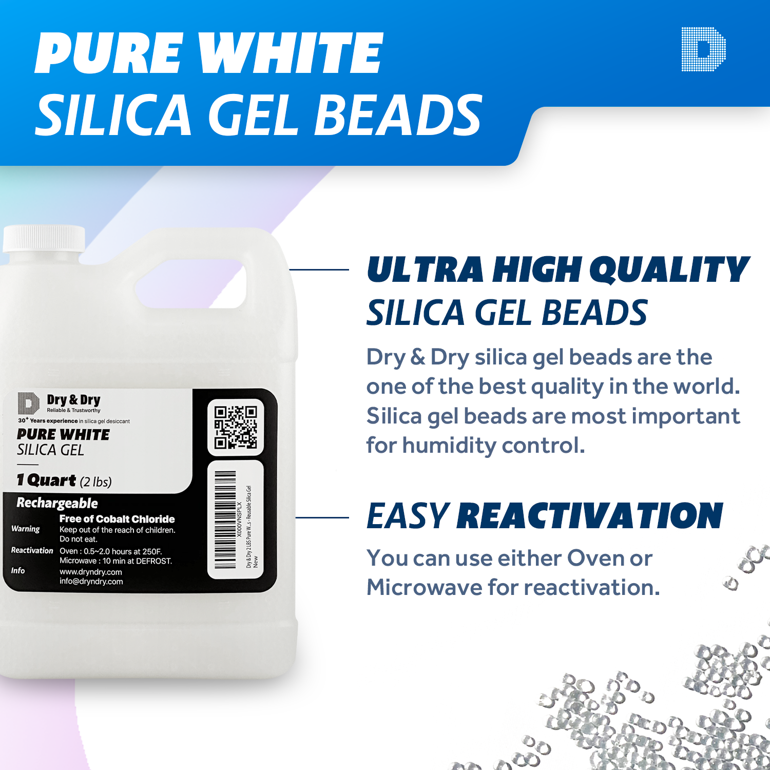 1 Quart(2 LBS) Premium White Silica Gel Beads - Rechargeable Pure & Safe Desiccant Beads