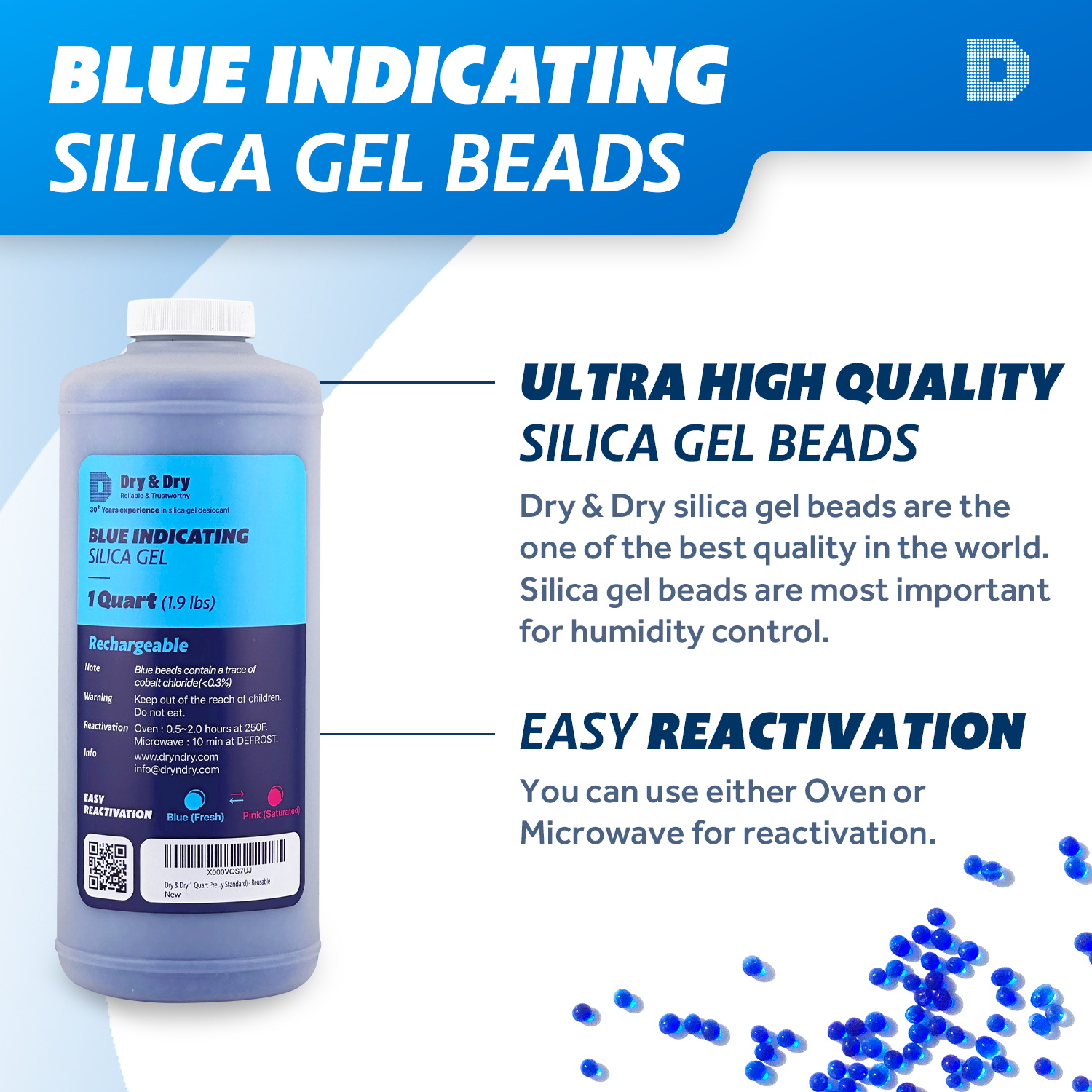 1 Quart Blue Silica Gel Bead in Round Bottle with Air Tight Cap - 1.9 LBS Reusable