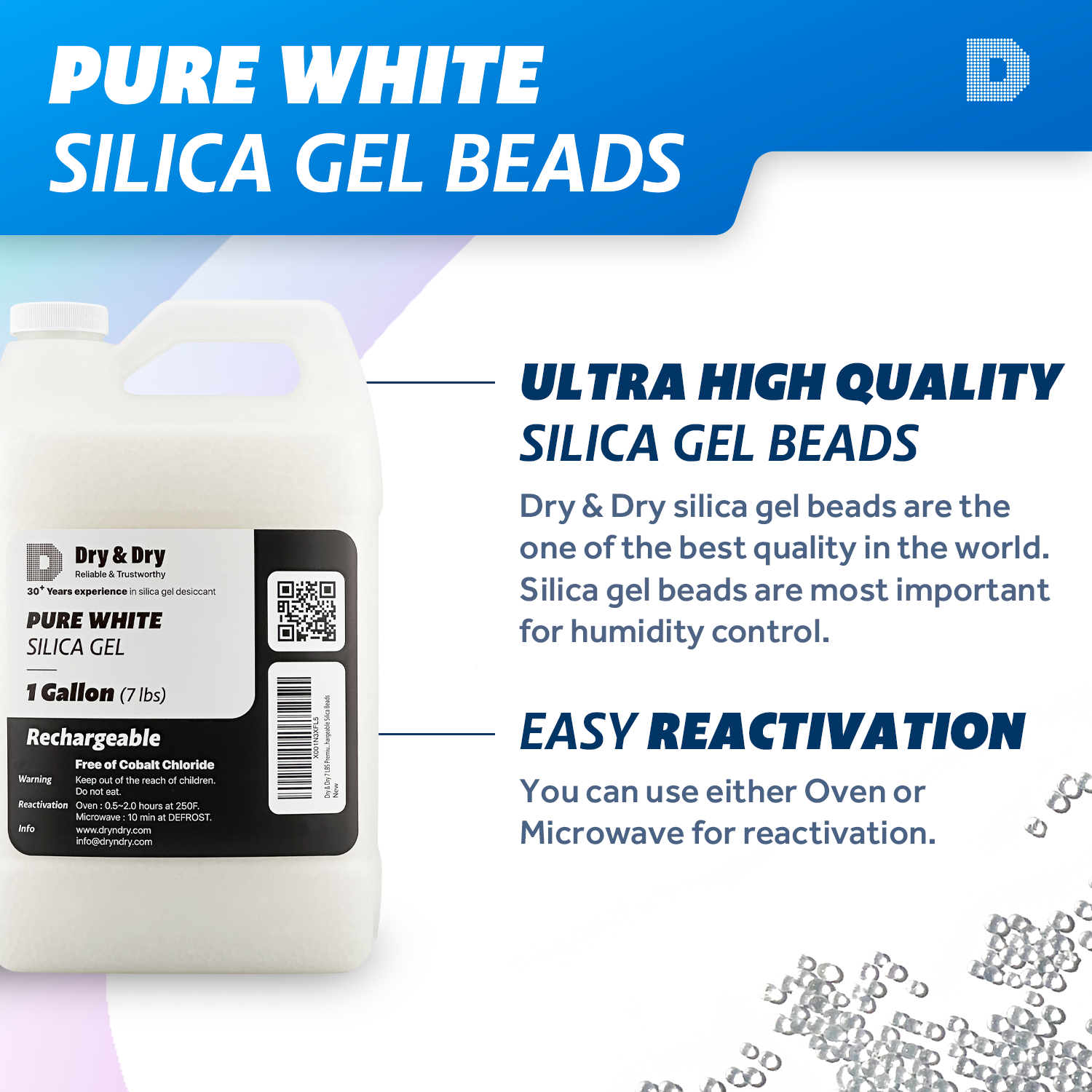 1 Gallon(7 LBS) Premium Pure White Silica Gel Beads - Rechargeable beads