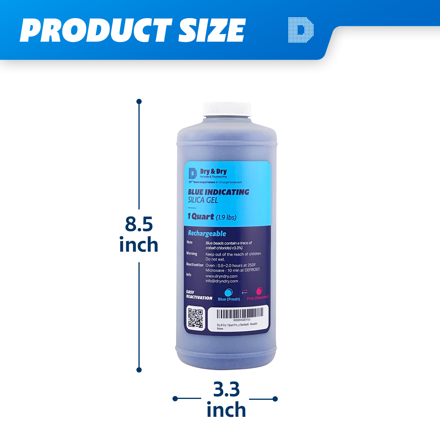 1 Quart Blue Silica Gel Bead in Round Bottle with Air Tight Cap - 1.9 LBS Reusable