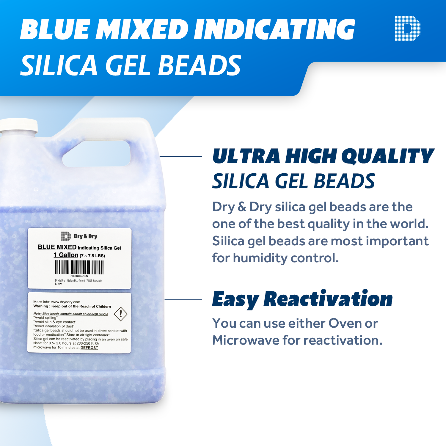 4 Gallon (28-30 LBS) "Dry & Dry" High Quality White & Blue Mixed Silica Gel Desiccant Beads - Rechargeable Beads