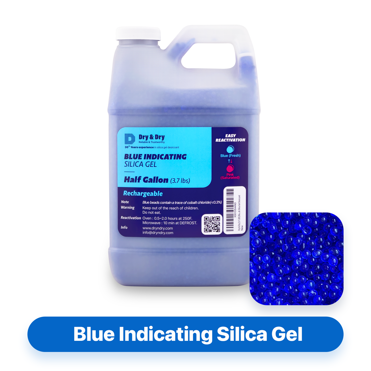 1/2 Gallon Premium Blue Indicating Silica Gel Beads(Industry Standard 3-5 mm) - 3.7 LBS Reusable