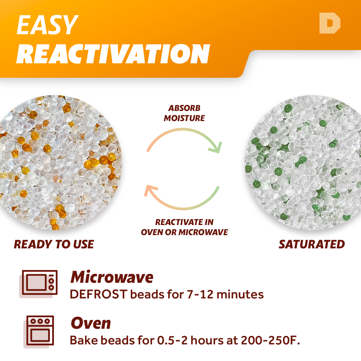 1 Gallon(7-7.5 LBS) "Dry & Dry" Premium Orange & White Mixed Indicating Silica Gel Desiccant Beads(Industry Standard 3-5 mm) - Rechargeable