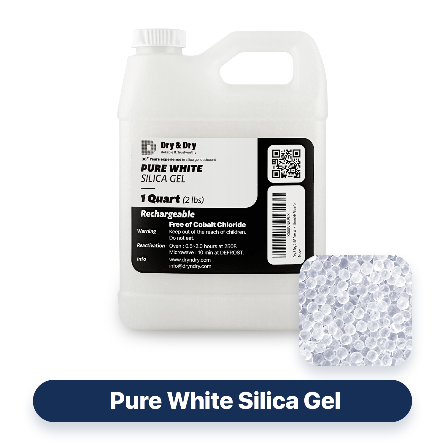 1 Quart(2 LBS) Premium White Silica Gel Beads - Rechargeable Pure & Safe Desiccant Beads