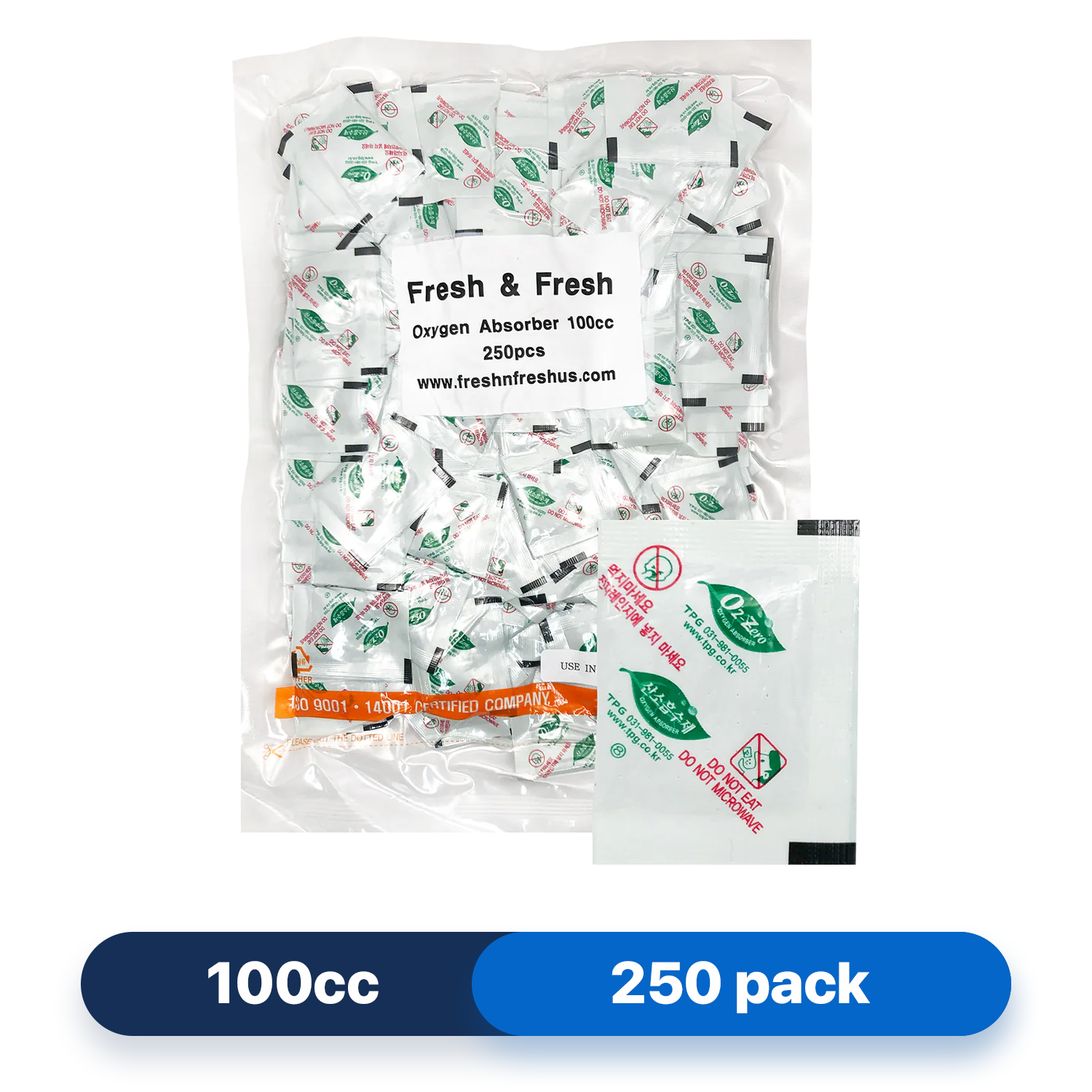 Fresh & Fresh (250 Packs) 100 CC Premium Oxygen Absorbers(1 Bag of 250 Packets) - ISO 9001 & 14001 Certified Facility Manufactured