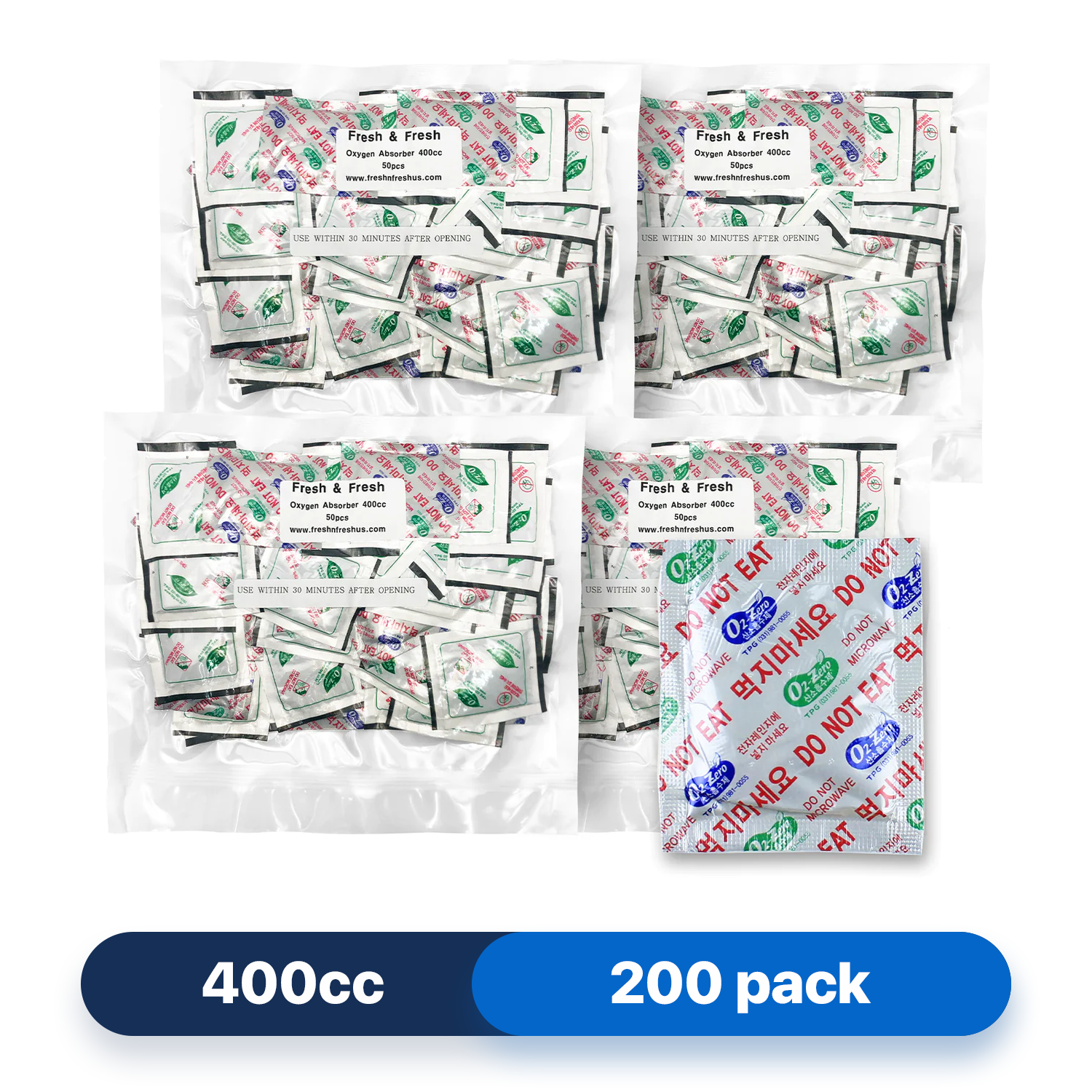 Fresh & Fresh (200 Packs) 400 CC Premium Oxygen Absorbers(4 Bag of 50 Packets) - ISO 9001 & 14001 Certified Facility Manufactured