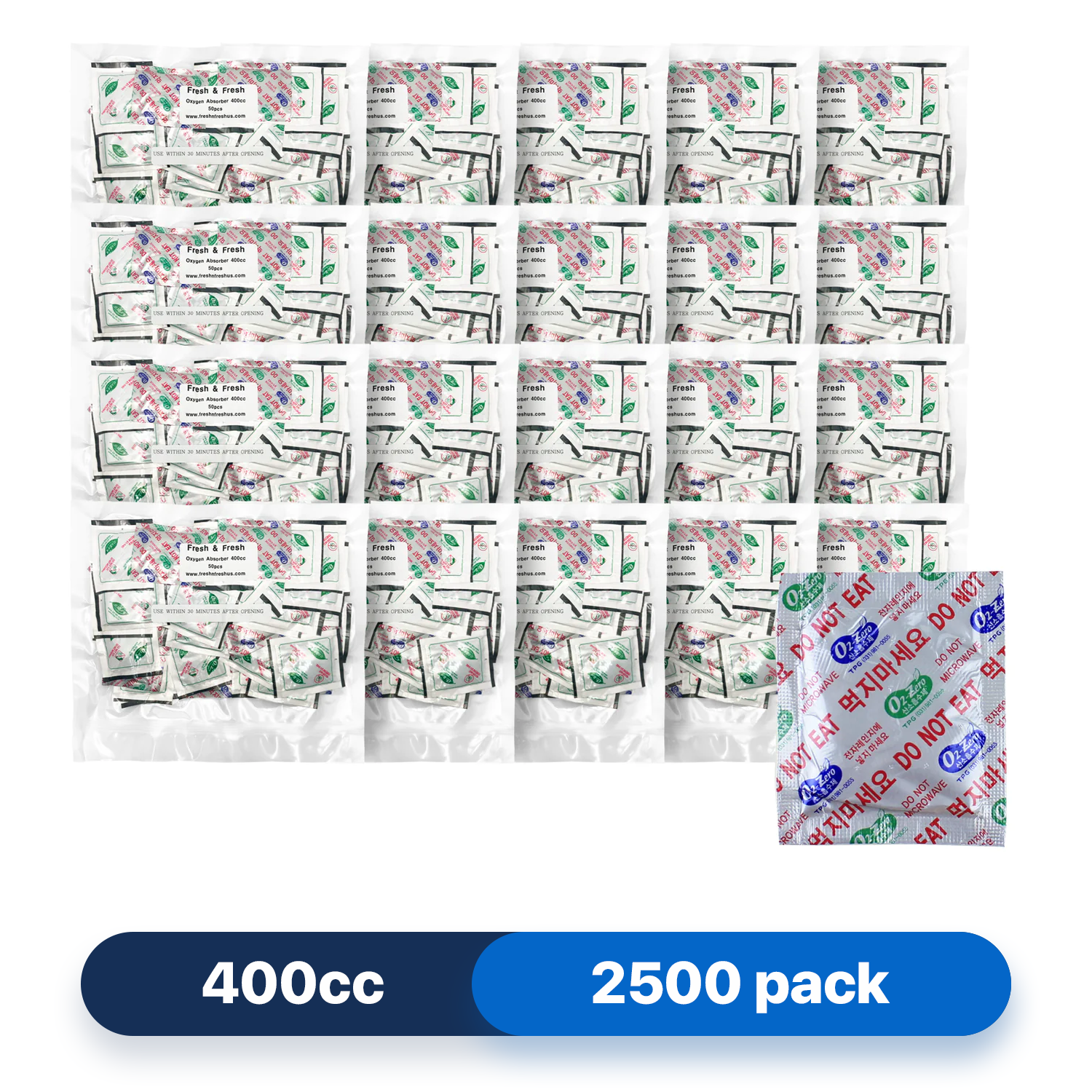 400cc Premium Oxygen Absorbers - 2,500 Packets (50 Packets / Bag)