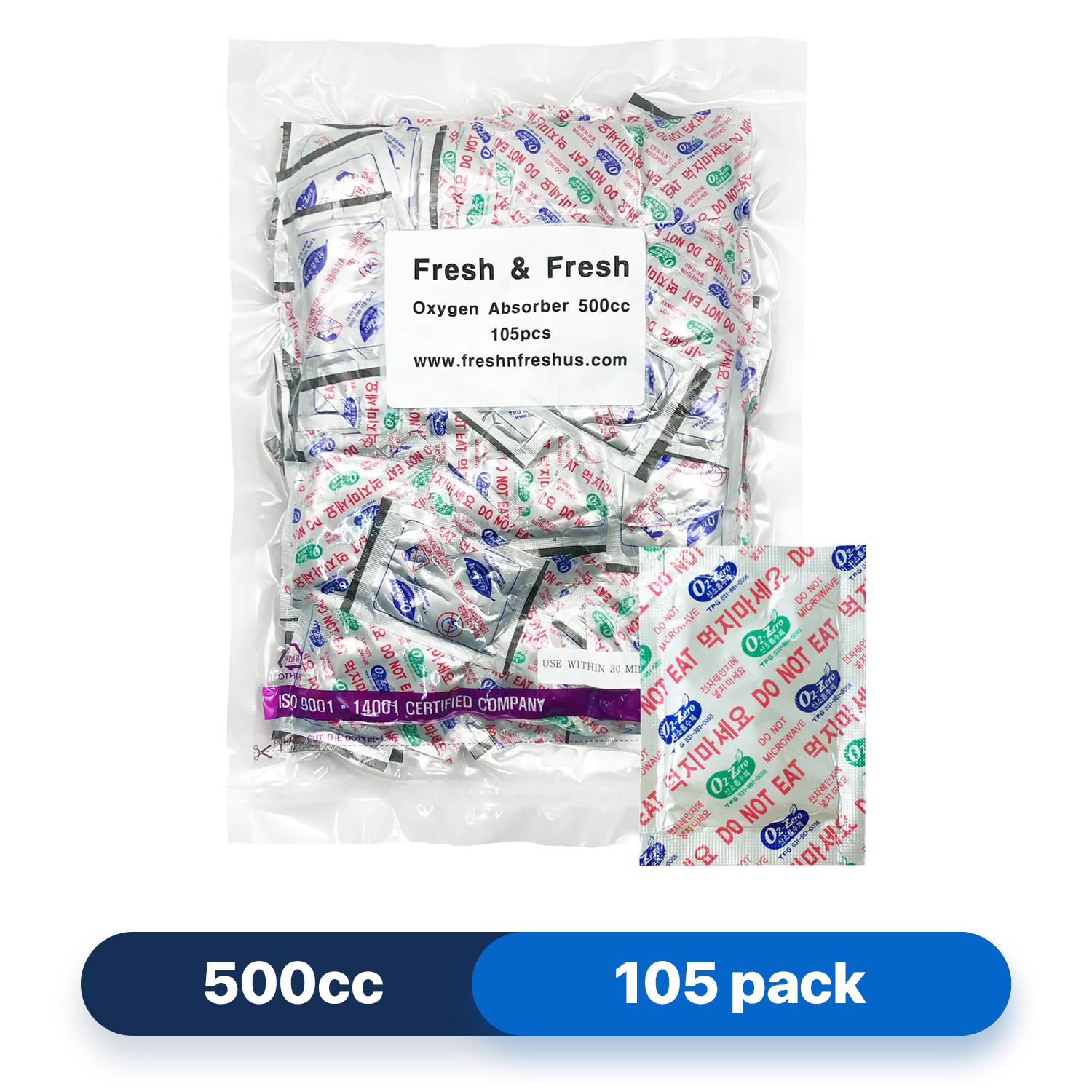 Fresh & Fresh (105 Packs) 500 CC Premium Oxygen Absorbers(1 Bag of 105 Packets) - ISO 9001 & 14001 Certified Facility Manufactured.