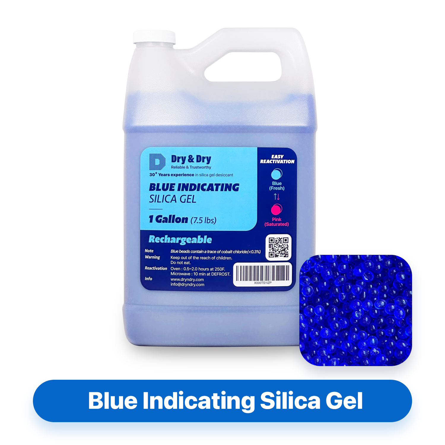 1 Gallon(7.5 LBS) "Dry & Dry" Premium Blue Indicating Silica Gel Desiccant Beads(3-5 mm)