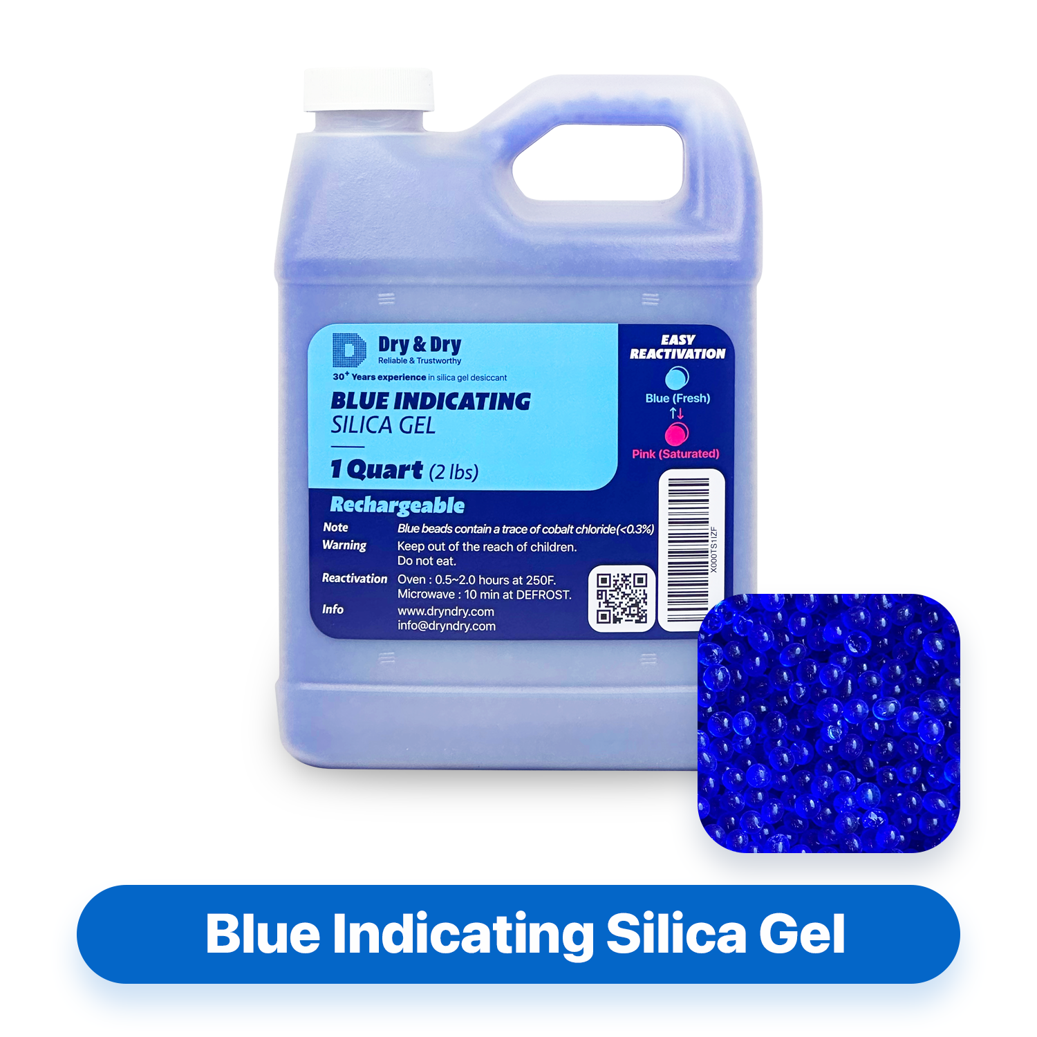 1 Quart Jug Replacement Desiccant Blue Indicating Silica Gel Bead(2 LBS) - Rechargeable