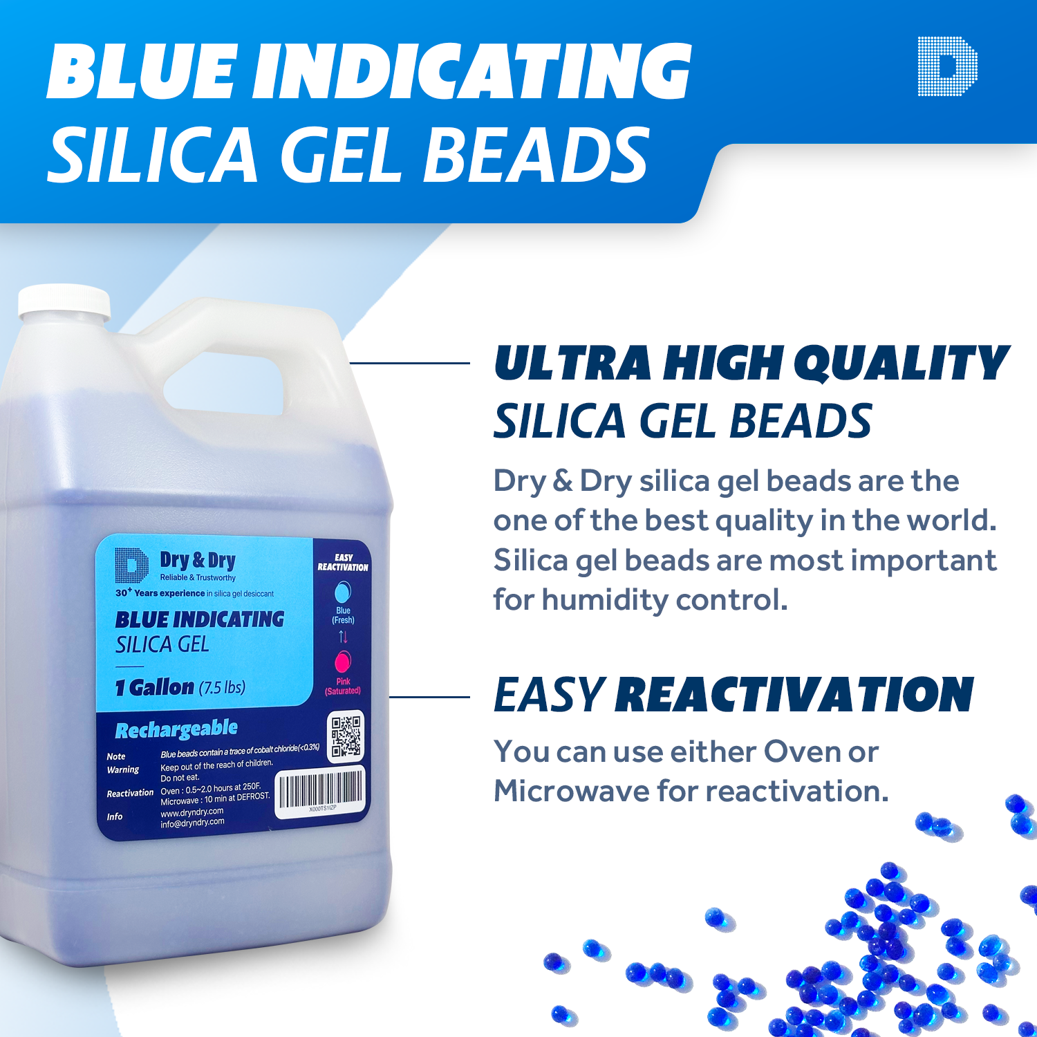 1 Gallon(7.5 LBS) "Dry & Dry" Premium Blue Indicating Silica Gel Desiccant Beads(3-5 mm)