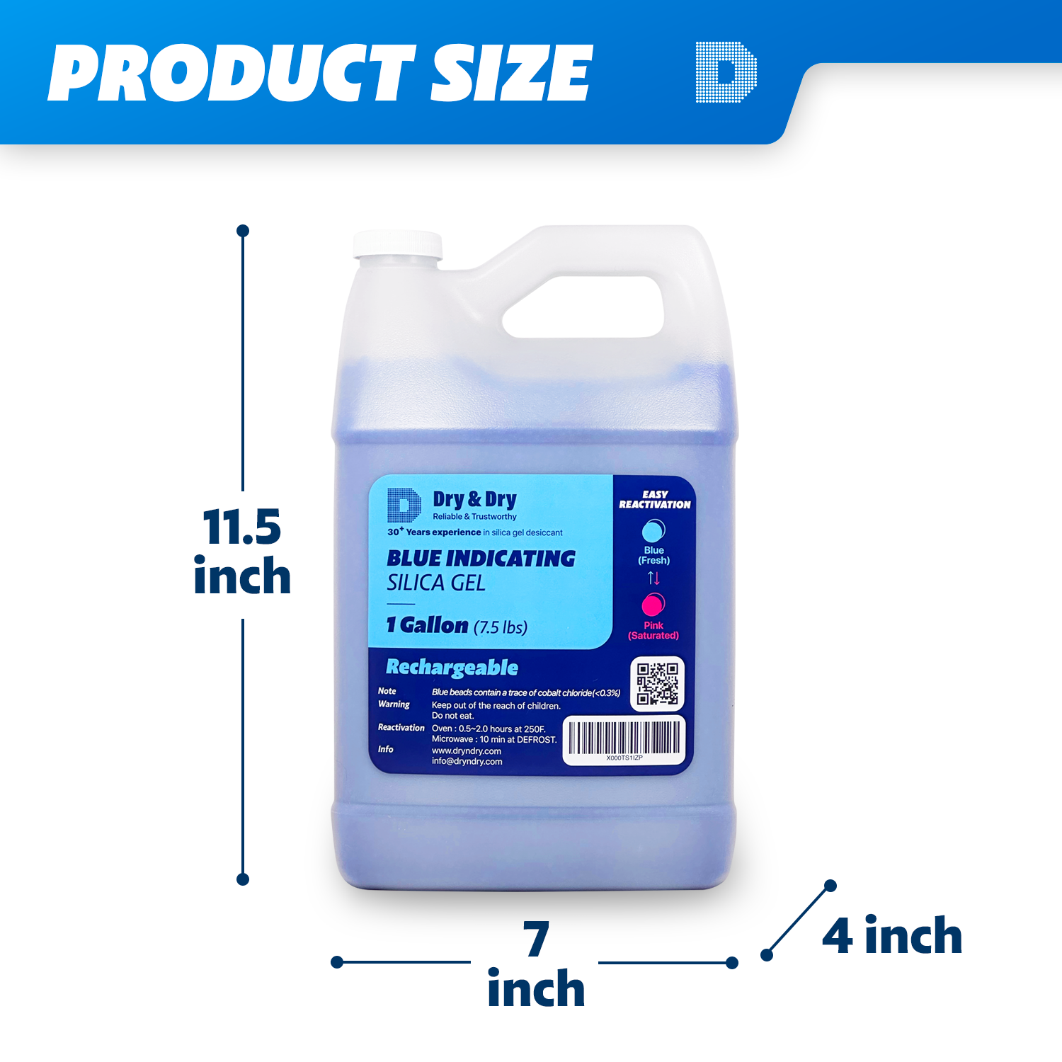1 Gallon(7.5 LBS) "Dry & Dry" Premium Blue Indicating Silica Gel Desiccant Beads(3-5 mm)