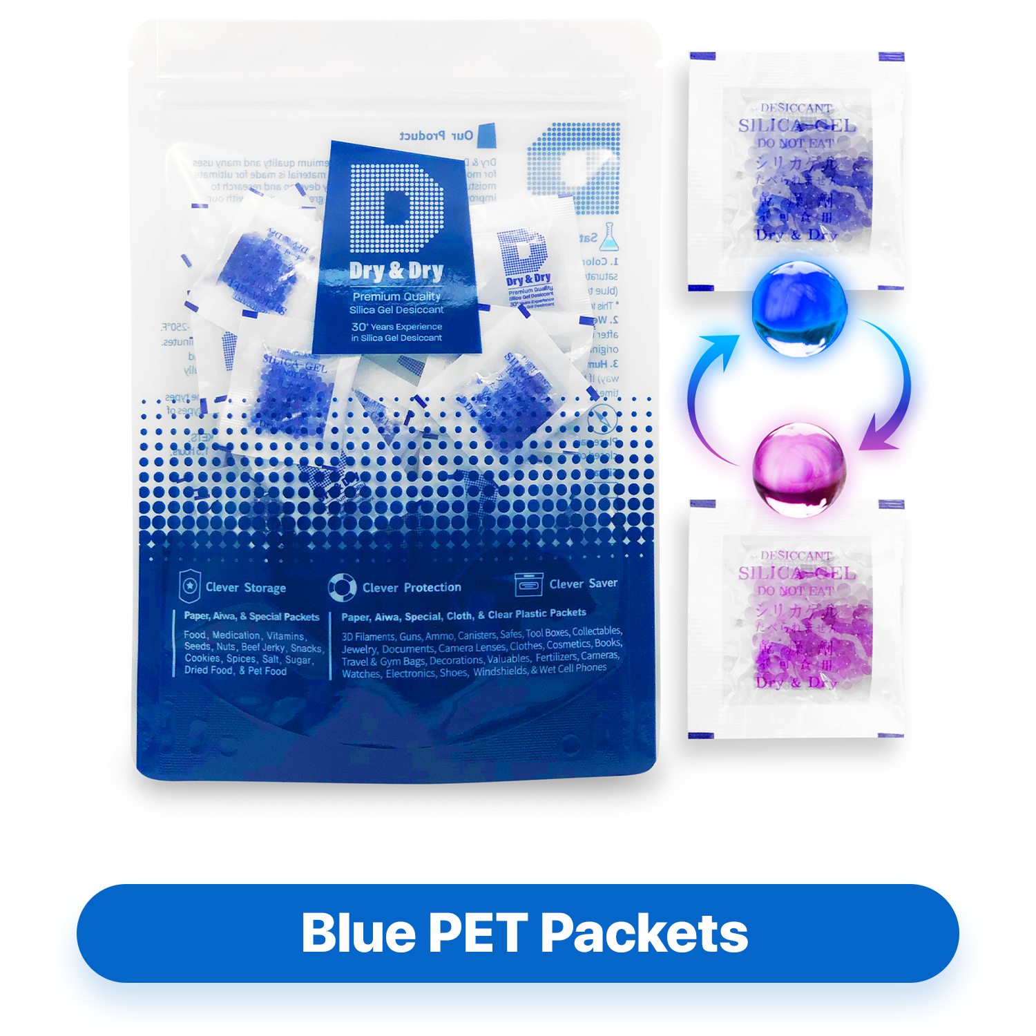 1 Gram Blue Indicating Clear Plastic(PET) Silica Gel Packets