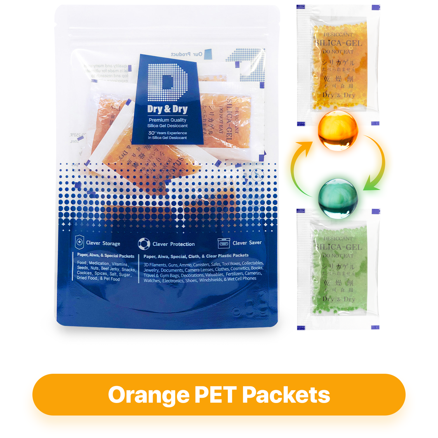 5 Gram Orange Indicating Clear Plastic(PET) Silica Gel Packets