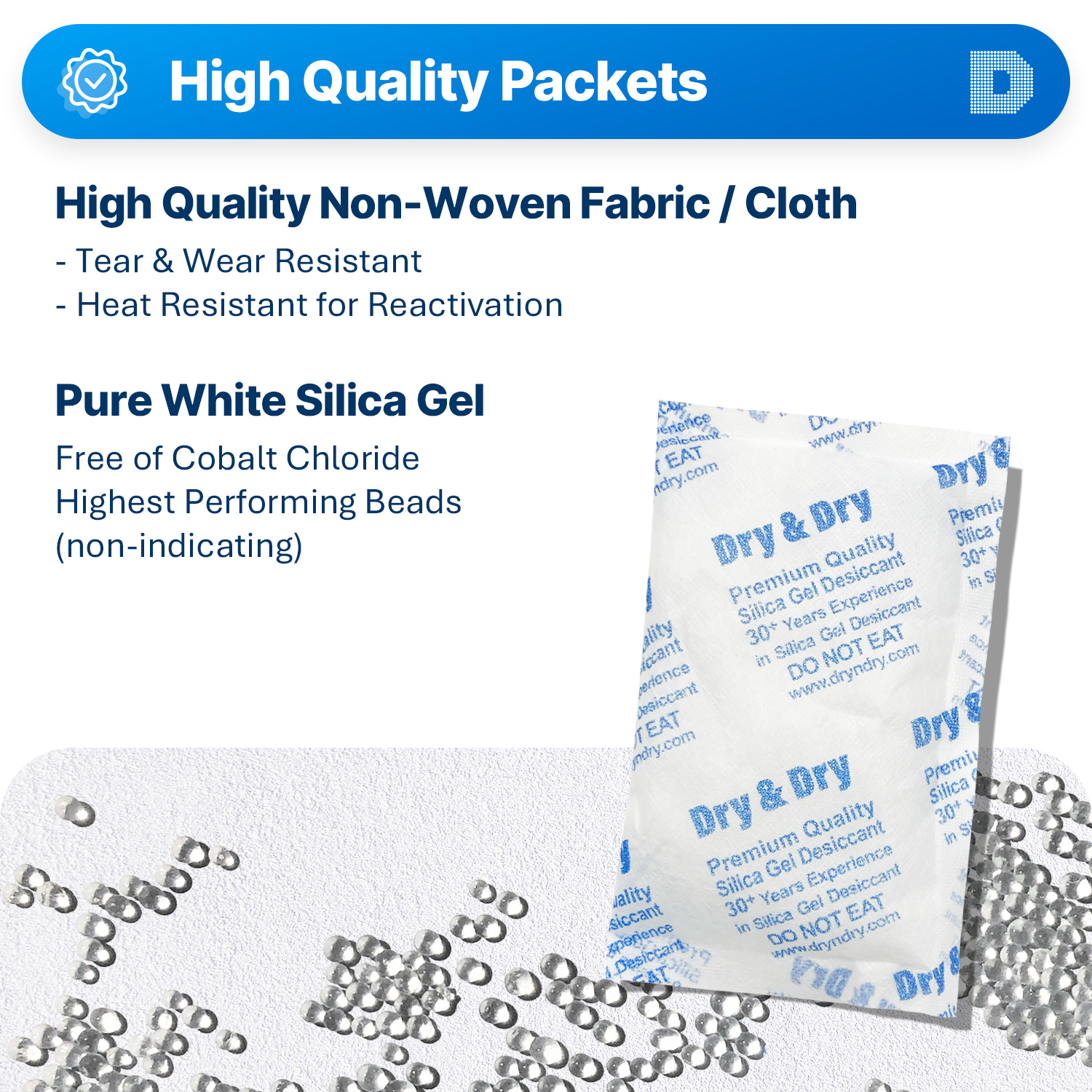 100 Gram [200 Packets]  "Dry & Dry" Premium Silica Gel Desiccant Packets - Rechargeable Non-Woven Fabric (Cloth)