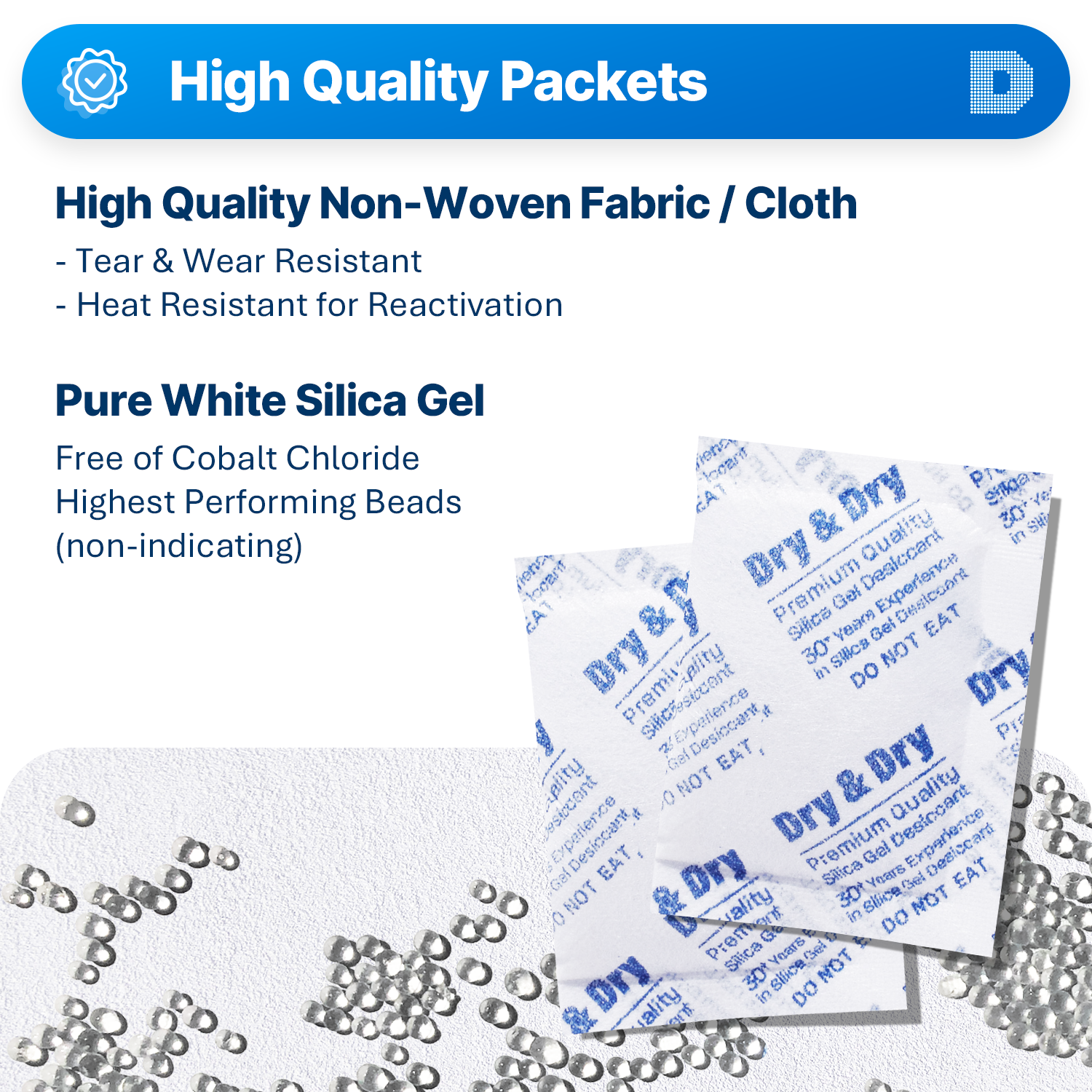 10 Gram [1500 Packets]  "Dry & Dry" Premium Silica Gel Desiccant Packets - Rechargeable Non-Woven Fabric (Cloth)