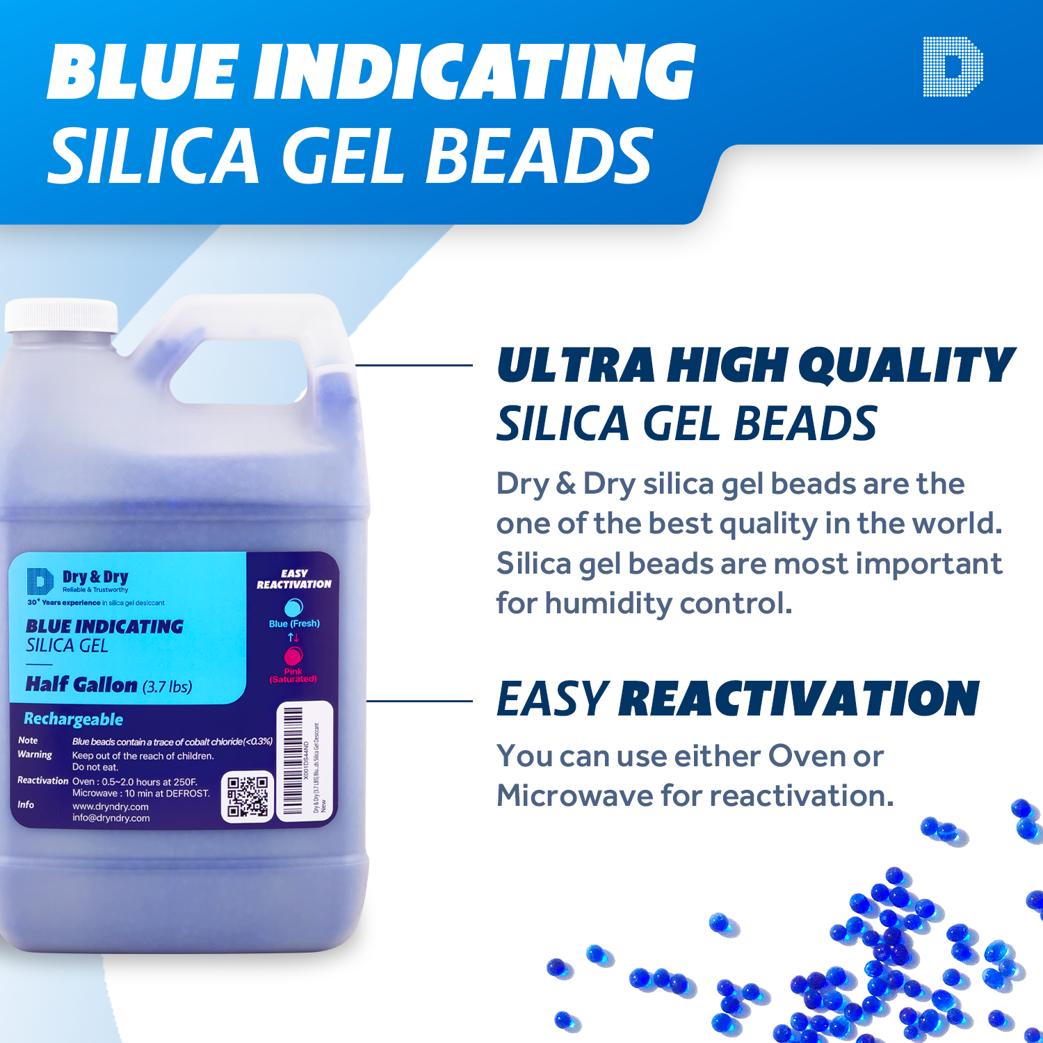 1/2 Gallon Premium Blue Indicating Silica Gel Beads(Industry Standard 3-5  mm) - 3.7 LBS Reusable