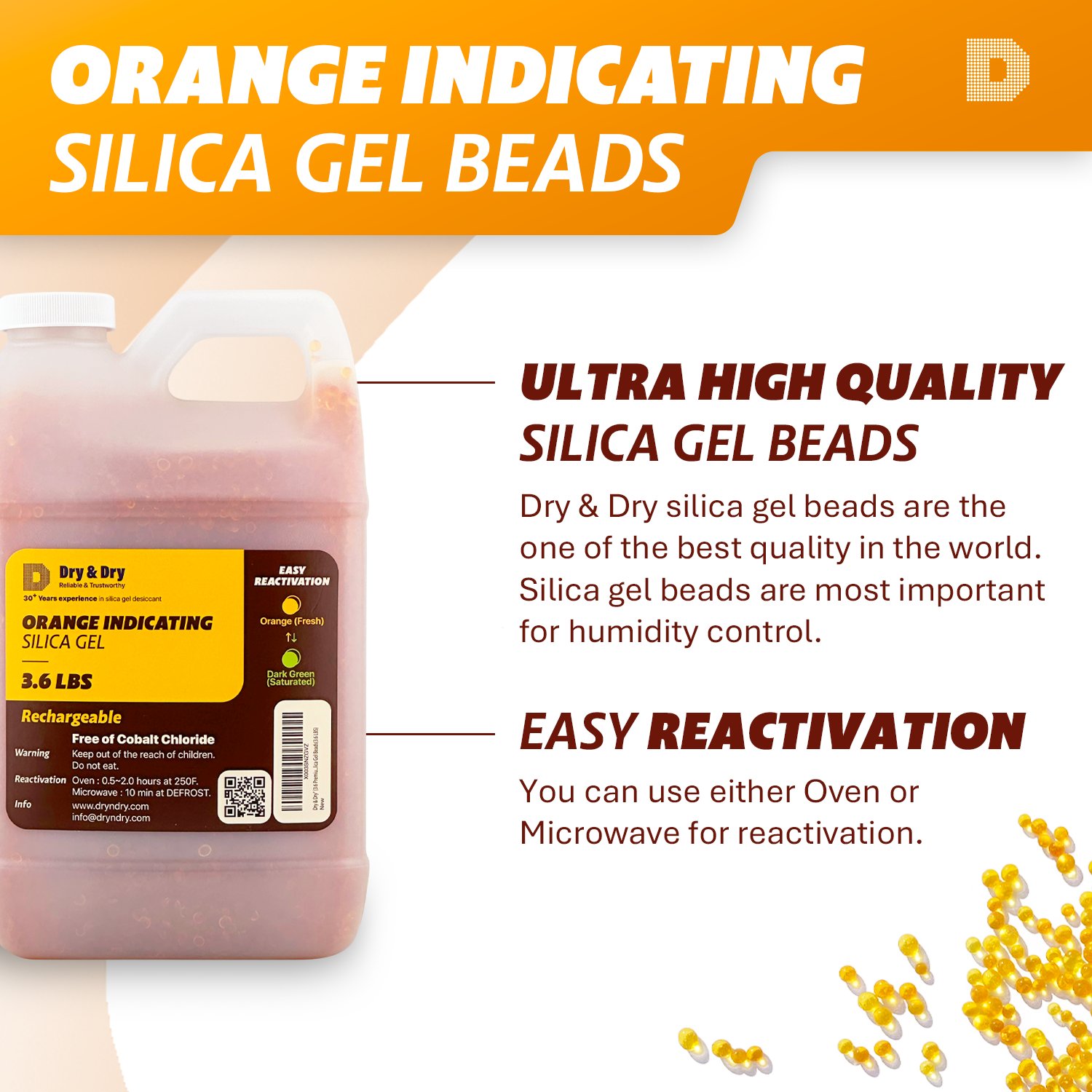 Half Gallon Orange "Dry & Dry" Premium Desiccant Indicating Silica Gel Beads(Industry Standard 3-5 mm) - 3.6 LBS Reusable