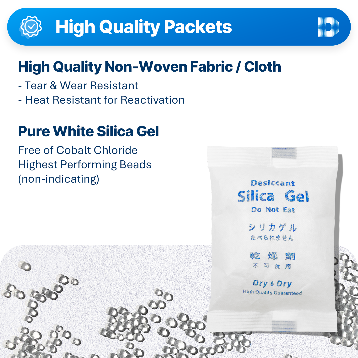 200 Gram [100 Packets]  "Dry & Dry" Premium Silica Gel Desiccant Packets - Rechargeable Fabric