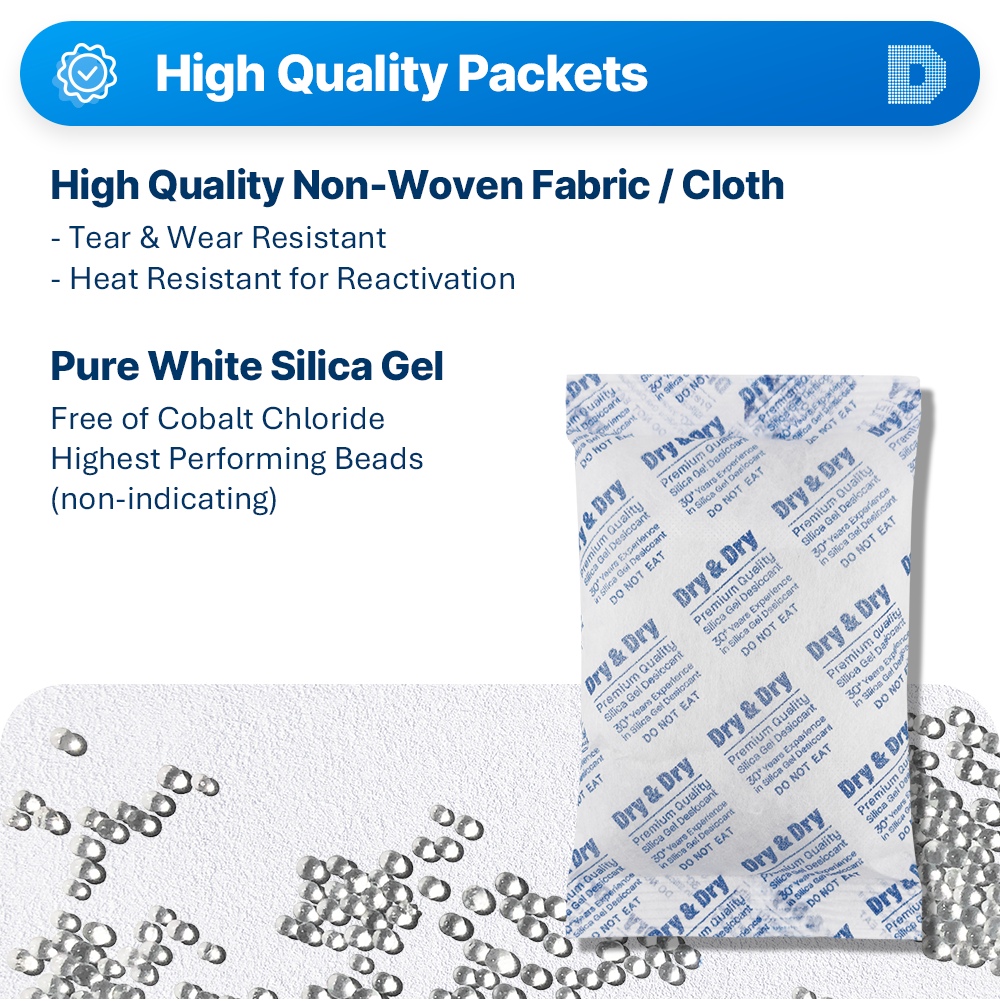 200 Gram [100 Packets]  "Dry & Dry" Premium Silica Gel Desiccant Packets - Rechargeable Non-Woven Fabric (FDA Compliant)