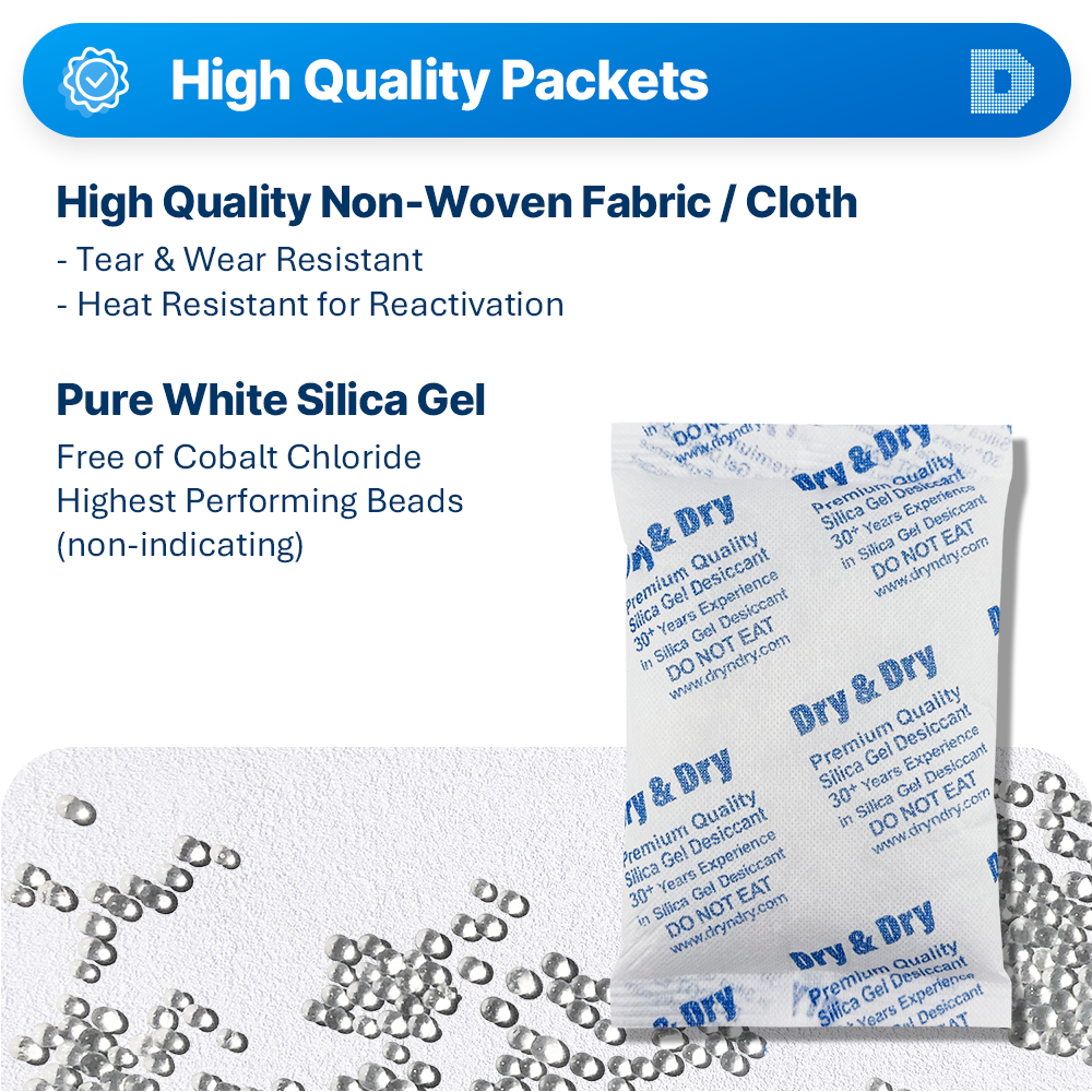200 Gram [100 Packets]  "Dry & Dry" Premium Silica Gel Desiccant Packets - Rechargeable Non-Woven Fabric (FDA Compliant)