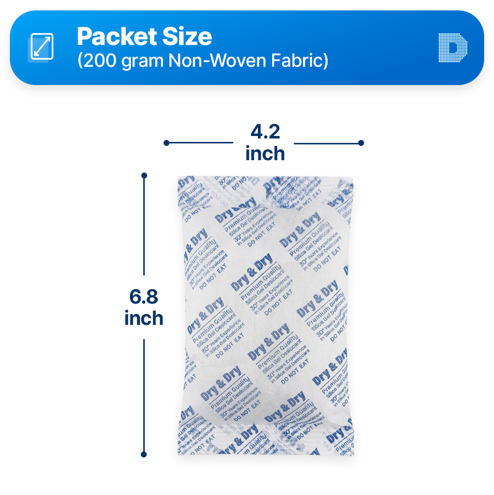 200 Gram [100 Packets]  "Dry & Dry" Premium Silica Gel Desiccant Packets - Rechargeable Non-Woven Fabric (FDA Compliant)