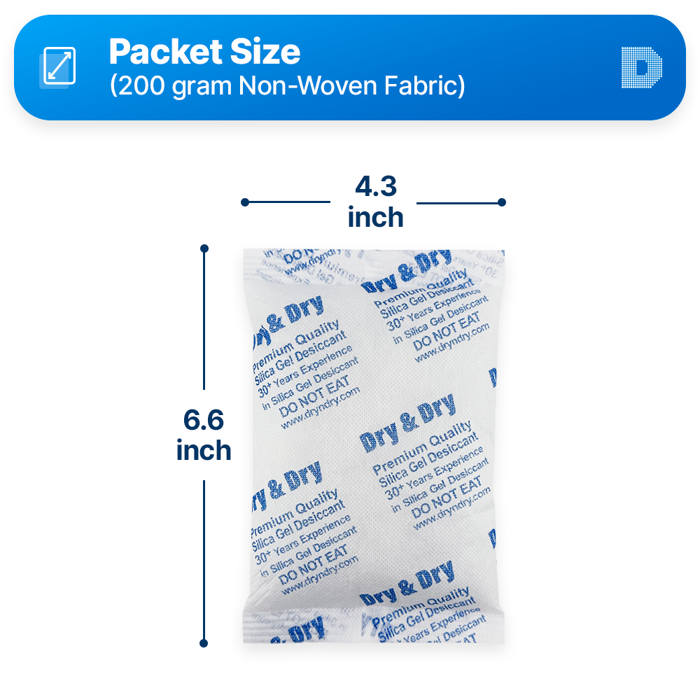 200 Gram [100 Packets]  "Dry & Dry" Premium Silica Gel Desiccant Packets - Rechargeable Non-Woven Fabric (FDA Compliant)
