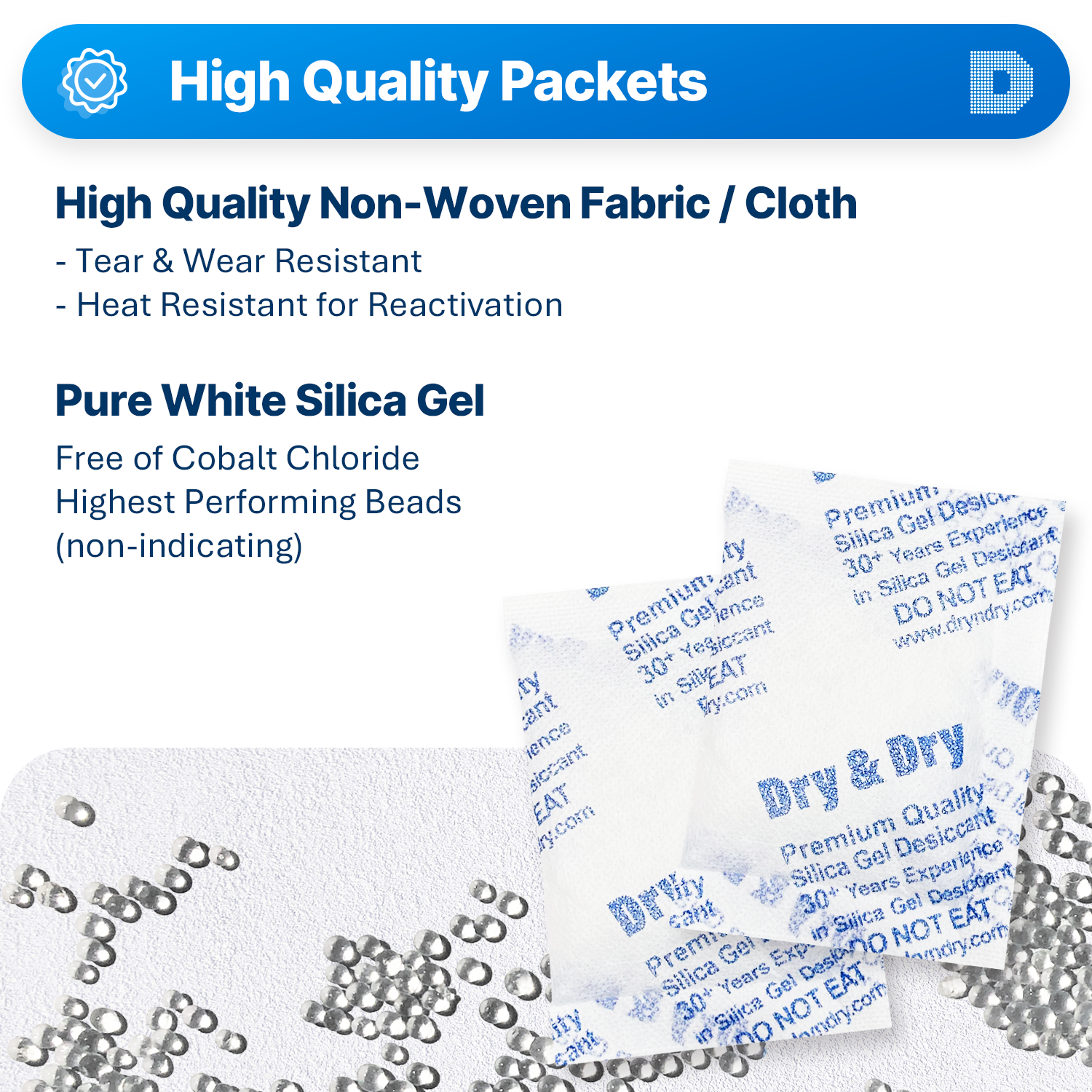 20 gram [800 Packets] "Dry & Dry" Premium Silica Gel Desiccant Packets - Rechargeable Non-Woven Fabric (Cloth)