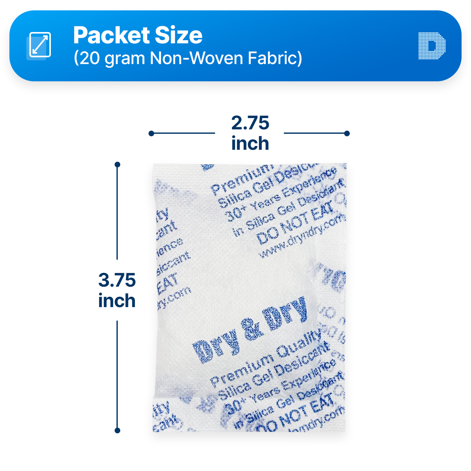 20 gram [800 Packets] "Dry & Dry" Premium Silica Gel Desiccant Packets - Rechargeable Non-Woven Fabric (Cloth)