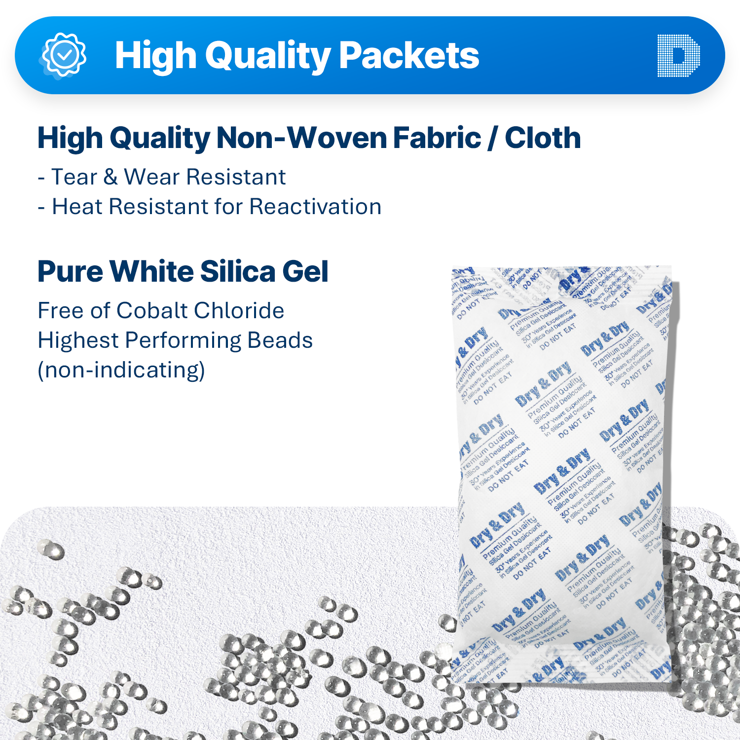300 Gram [60 Packets]  "Dry & Dry" Premium Pure & Safe Silica Gel Desiccant Packets - Rechargeable Non-Woven Fabric (Cloth)