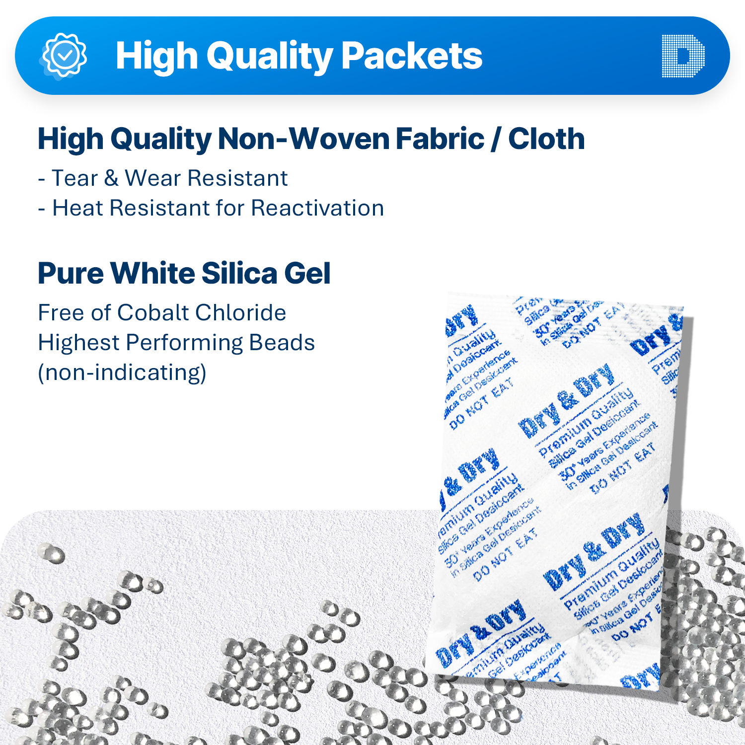 30 gram [600 Packets] "Dry & Dry" Premium Silica Gel Desiccant Packets - Rechargeable Non-Woven Fabric (Cloth)