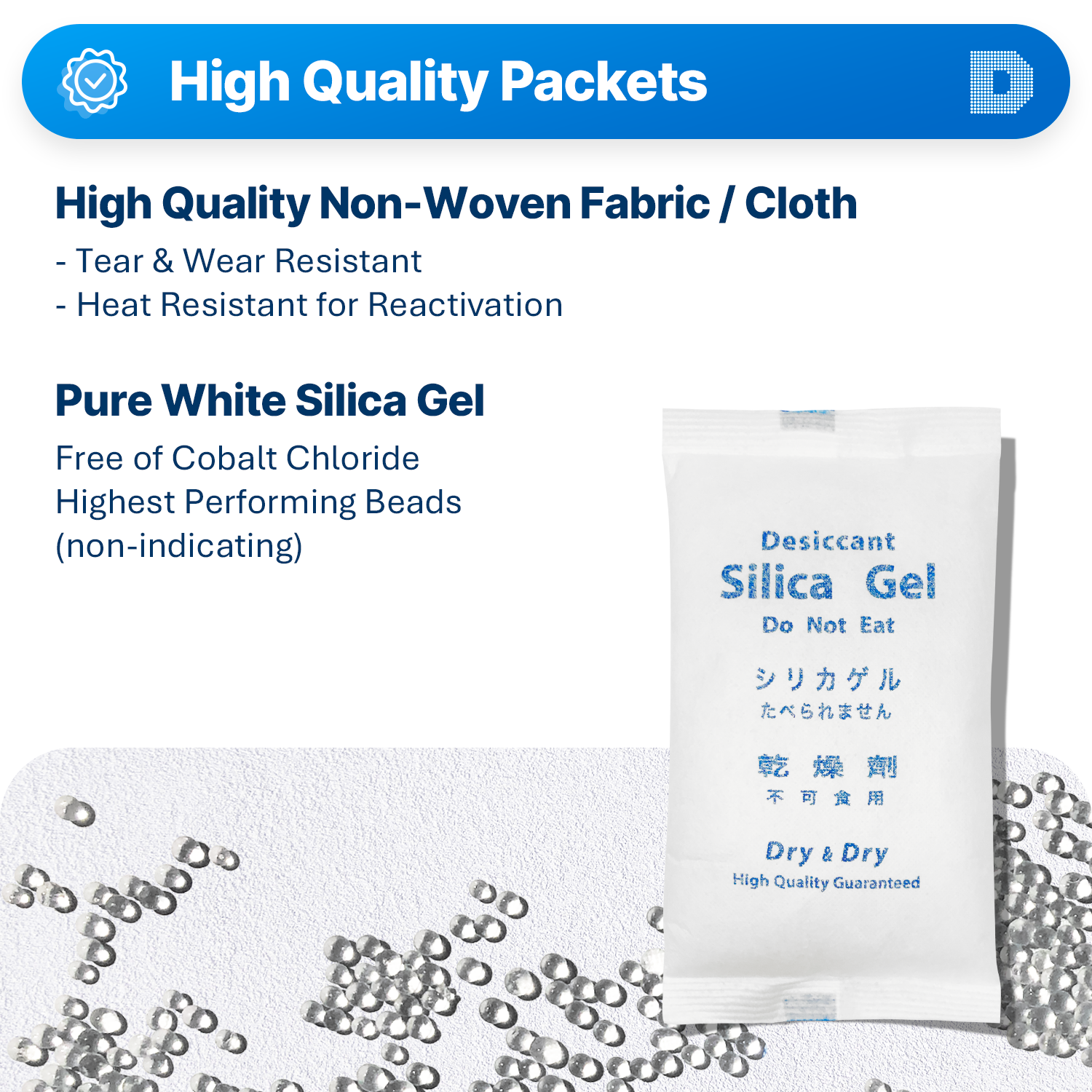 400 Gram [50 Packets]  "Dry & Dry" High Quality Pure Silica Gel Desiccant Packets - Rechargeable Fabric