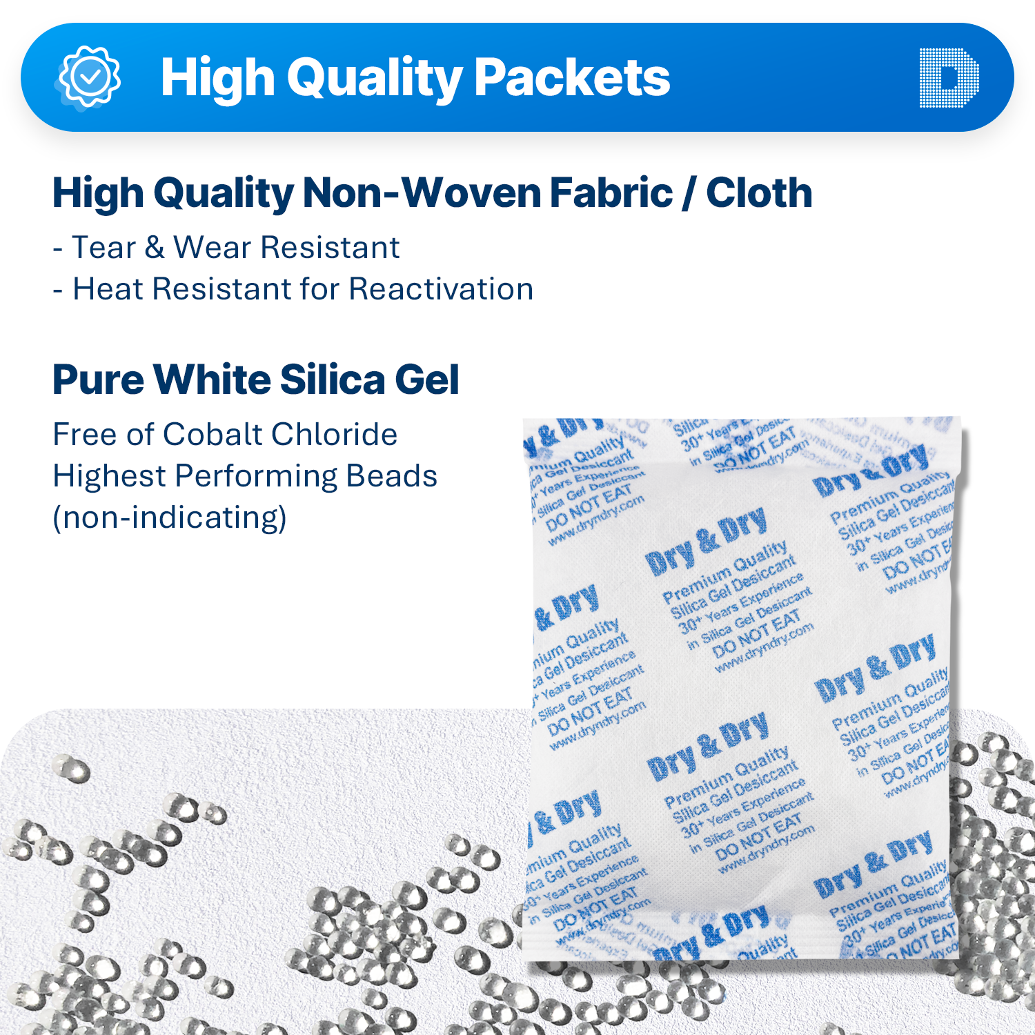 400 Gram [50 Packets]  "Dry & Dry" High Quality Pure Silica Gel Desiccant Packets - Rechargeable Non-Woven Fabric (FDA Compliant)