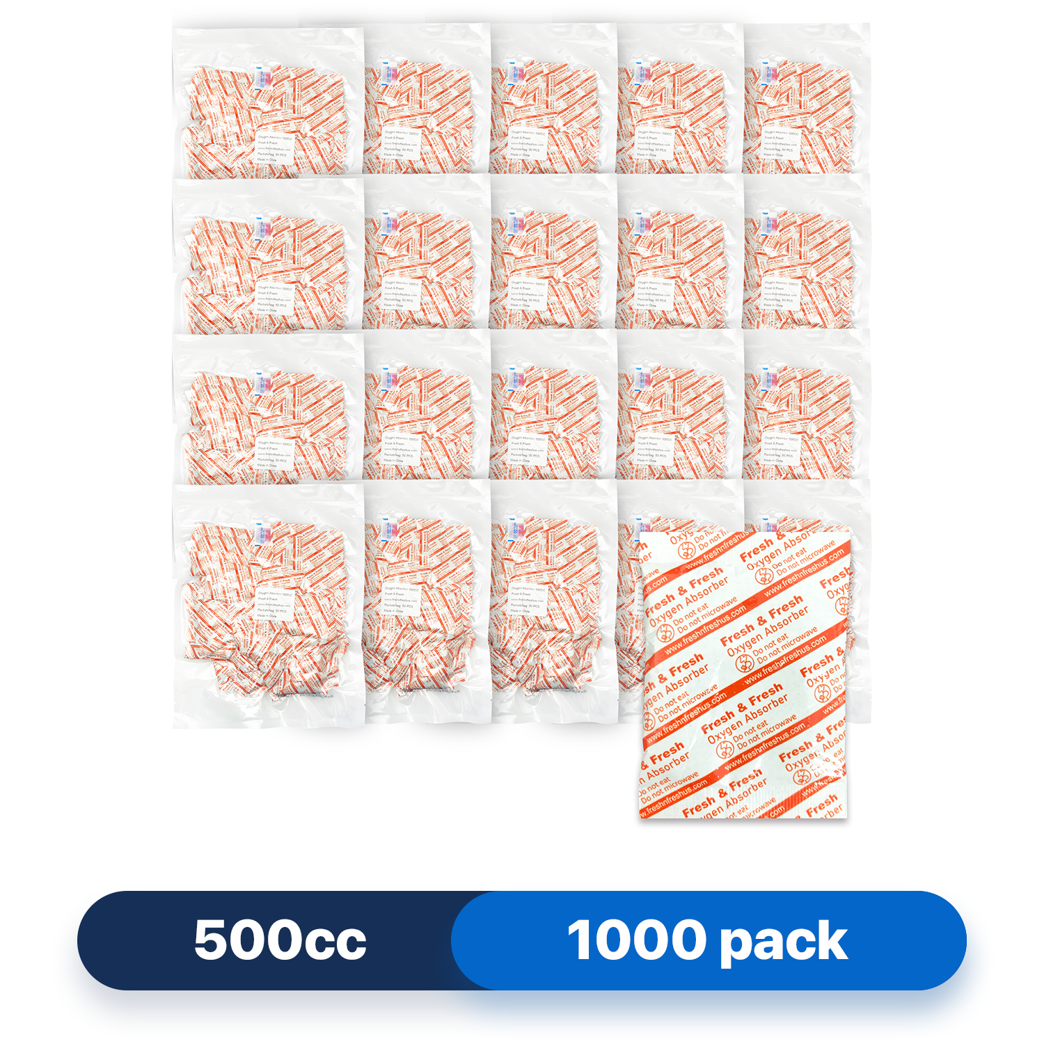 Fresh & Fresh (1000 Packs) 500 CC Premium Oxygen Absorbers(20 Bag of 50 packets) - ISO 9001 & 14001 Certified Facility Manufactured