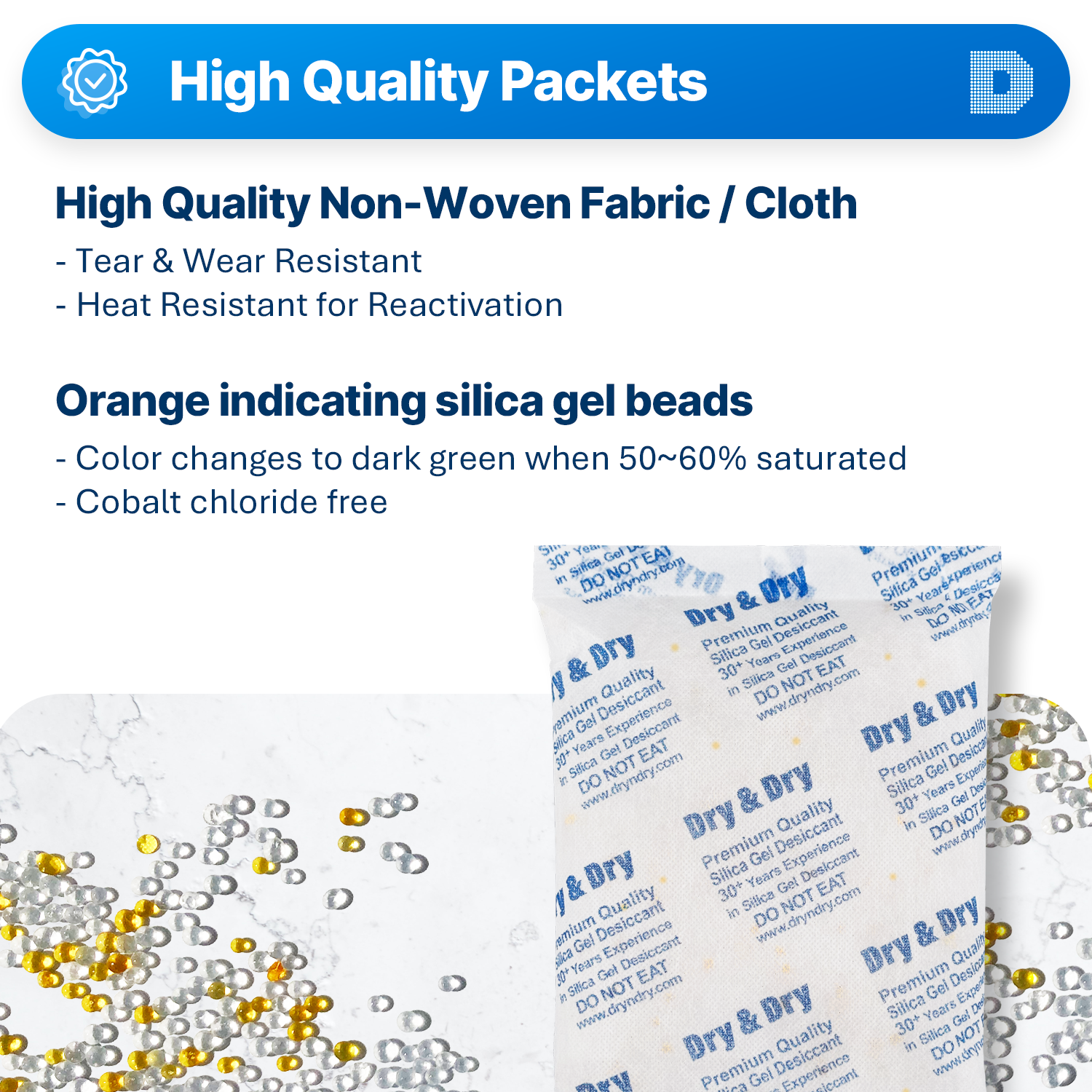 500 Gram [120 Packs] Non-Woven Fabric (Cloth) Orange Indicating(Orange to Dark Green) Mixed Silica Gel Packets - Rechargeable(FDA Compliant)