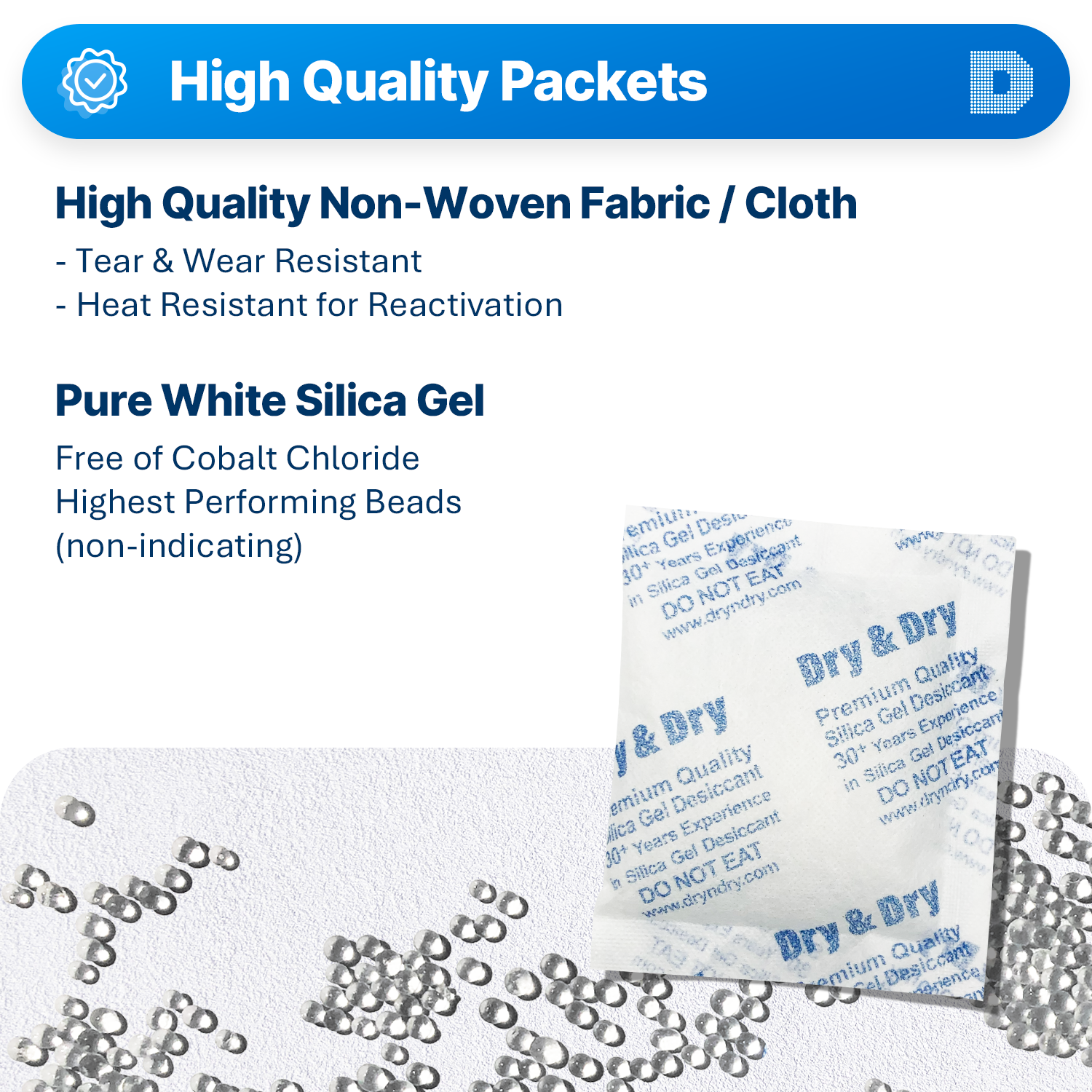 50 Gram [400 Packets]  "Dry & Dry" Premium Silica Gel Desiccant Packets - Rechargeable Fabric