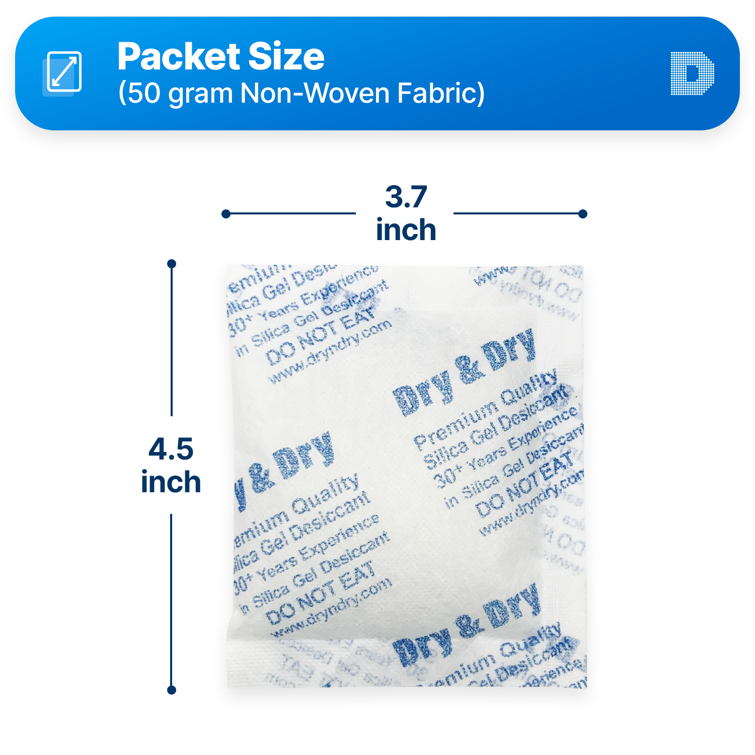50 Gram [400 Packets]  "Dry & Dry" Premium Silica Gel Desiccant Packets - Rechargeable Non-Woven Fabric (Cloth)