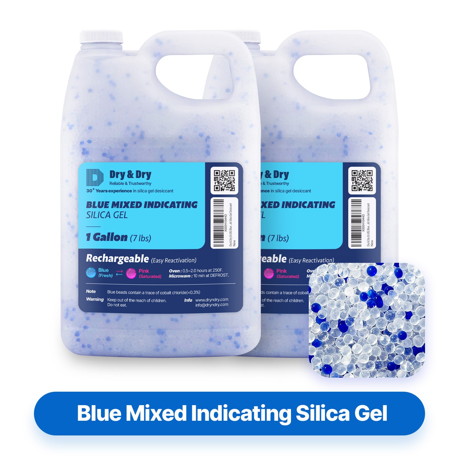 2 Gallon (14.5 LBS) "Dry & Dry" High Quality Blue & White Mixed Silica Gel Desiccant Beads - Rechargeable Beads