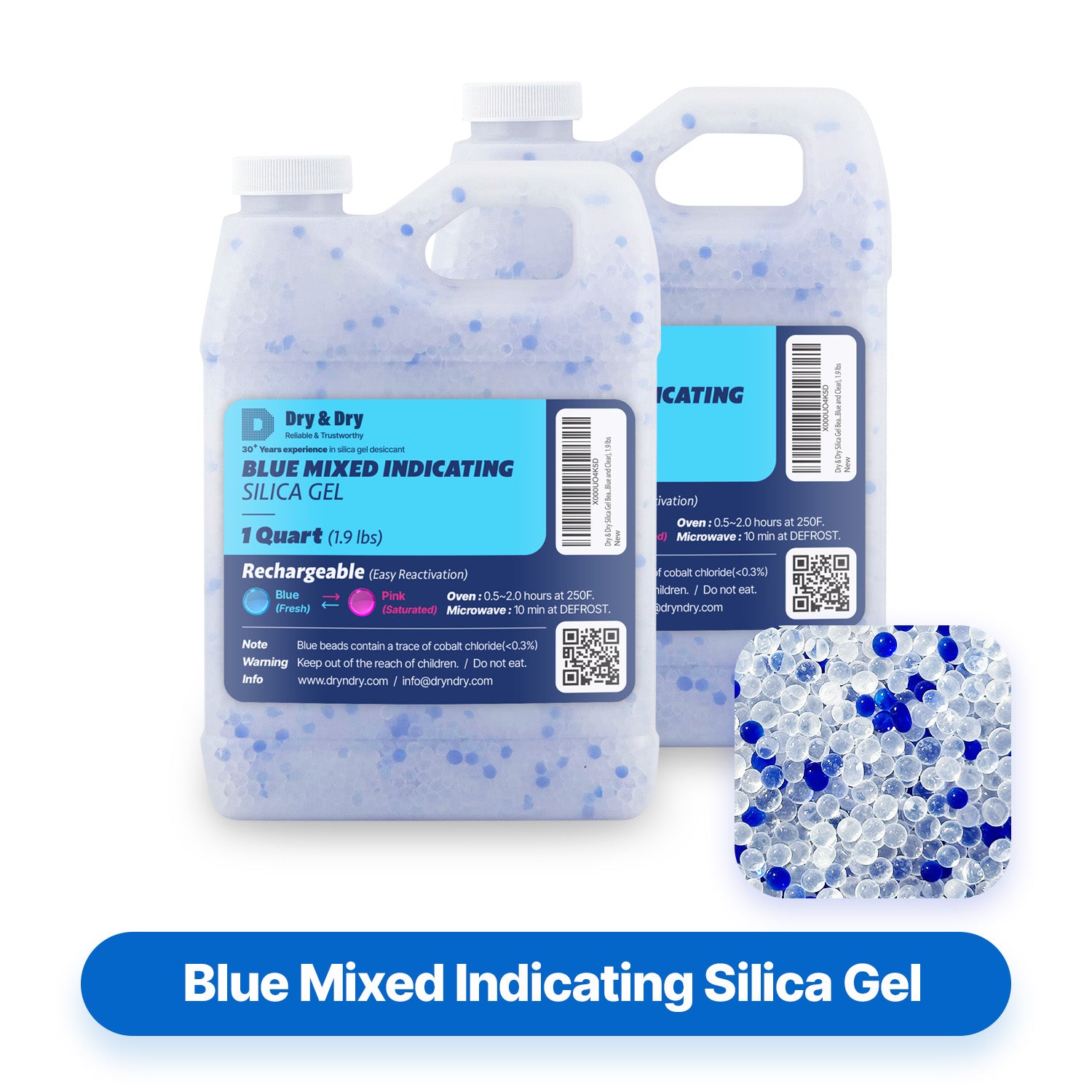 2 Quart(4 LBS) Premium White & Blue Mixed Silica Gel Beads - Rechargeable Color Changing Air Drying