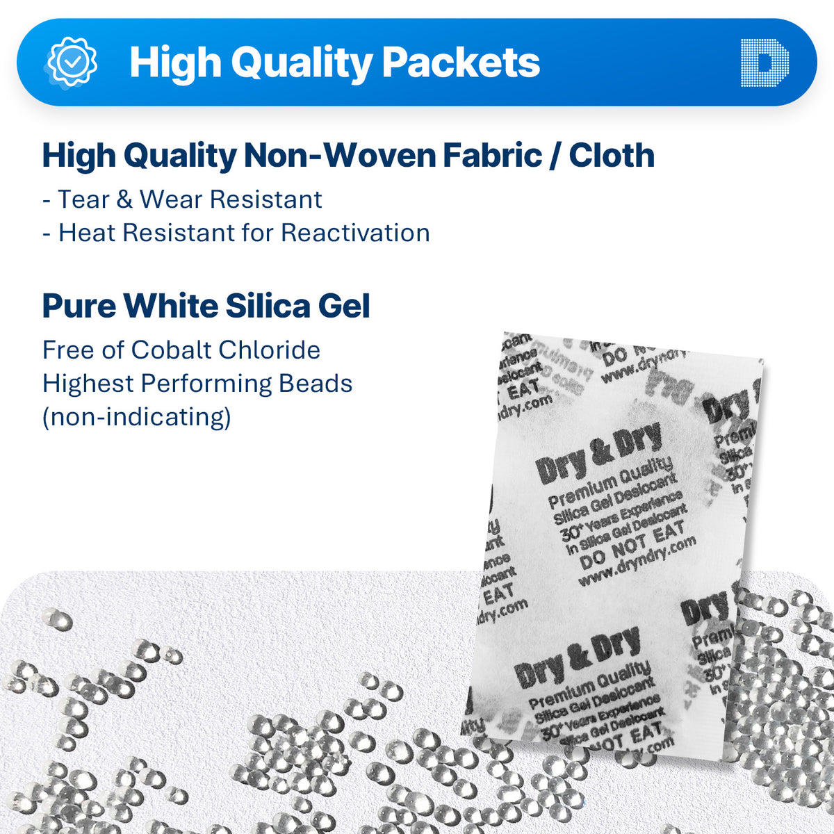 10 Gram [1700 Packets]  "Dry & Dry" Premium Silica Gel Desiccant Packets - Rechargeable Non-Woven Fabric (Cloth)