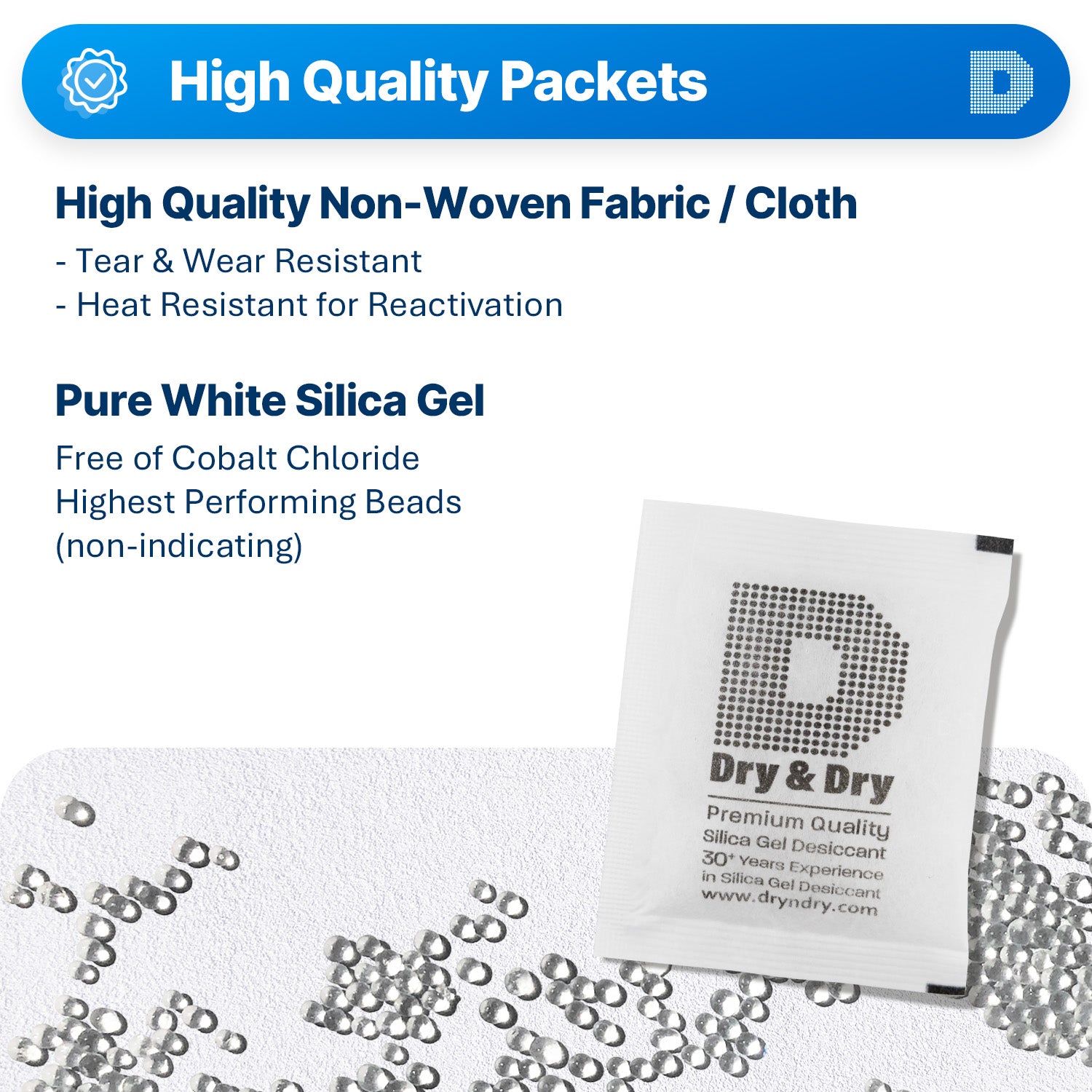 20 gram [800 Packets] "Dry & Dry" Premium Silica Gel Desiccant Packets - Rechargeable Non-Woven Fabric (FDA Compliant)