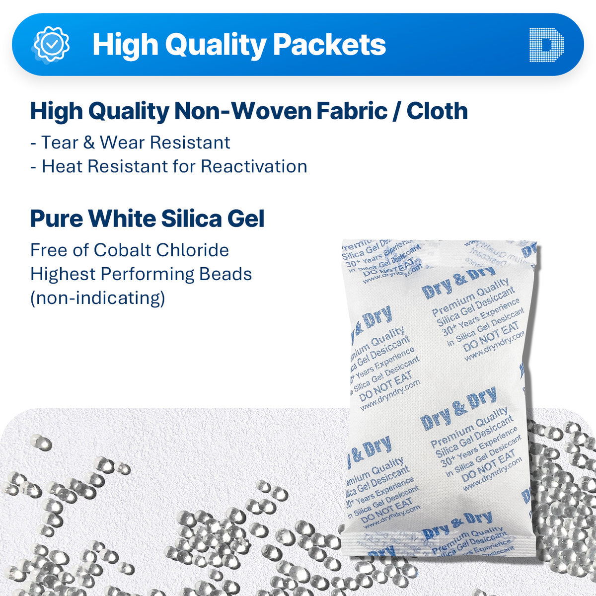 250 Gram [70 Packets]  "Dry & Dry" Premium Silica Gel Desiccant Packets - Rechargeable Non-Woven Fabric (FDA Compliant)
