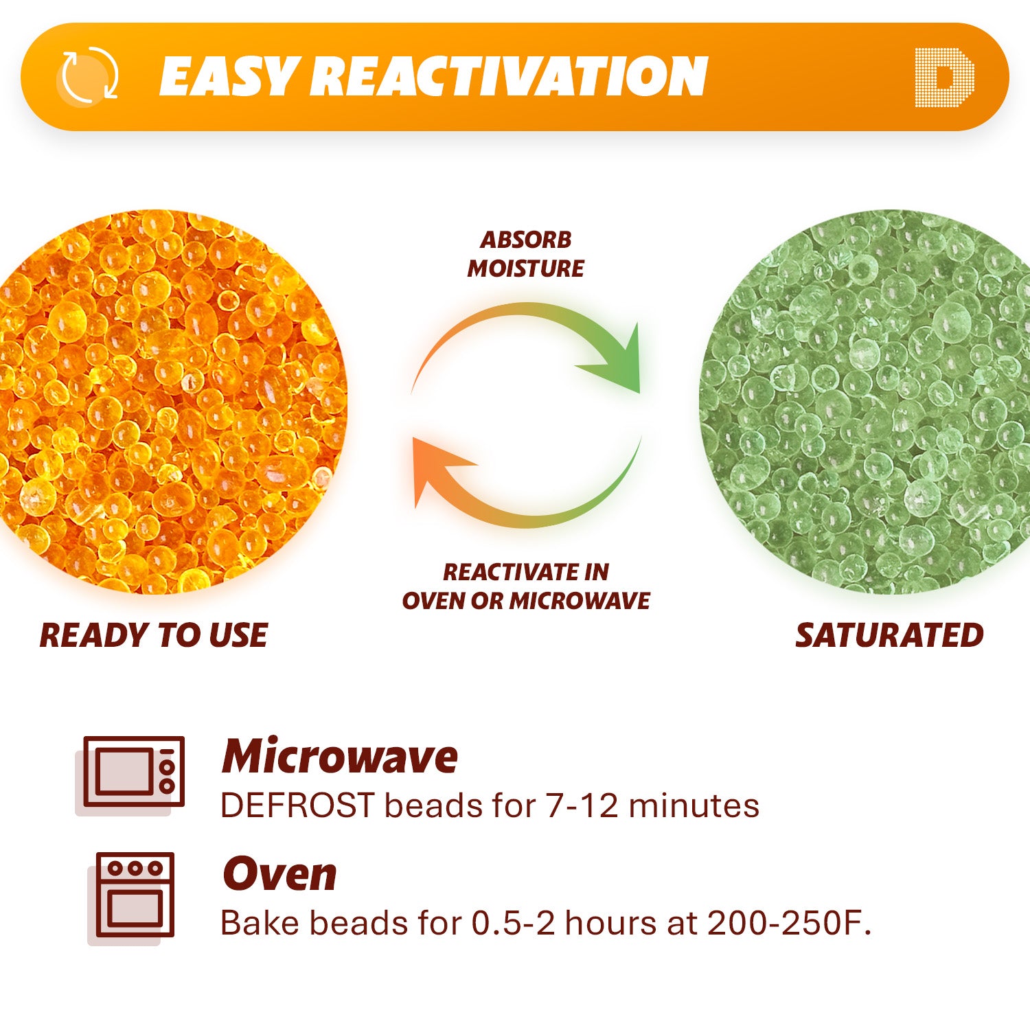 8 Gallon [60 LBS] Orange Premium Indicating Silica Gel Desiccant Beads(Industry Stand 3-5 mm) - RECHARGEABLE