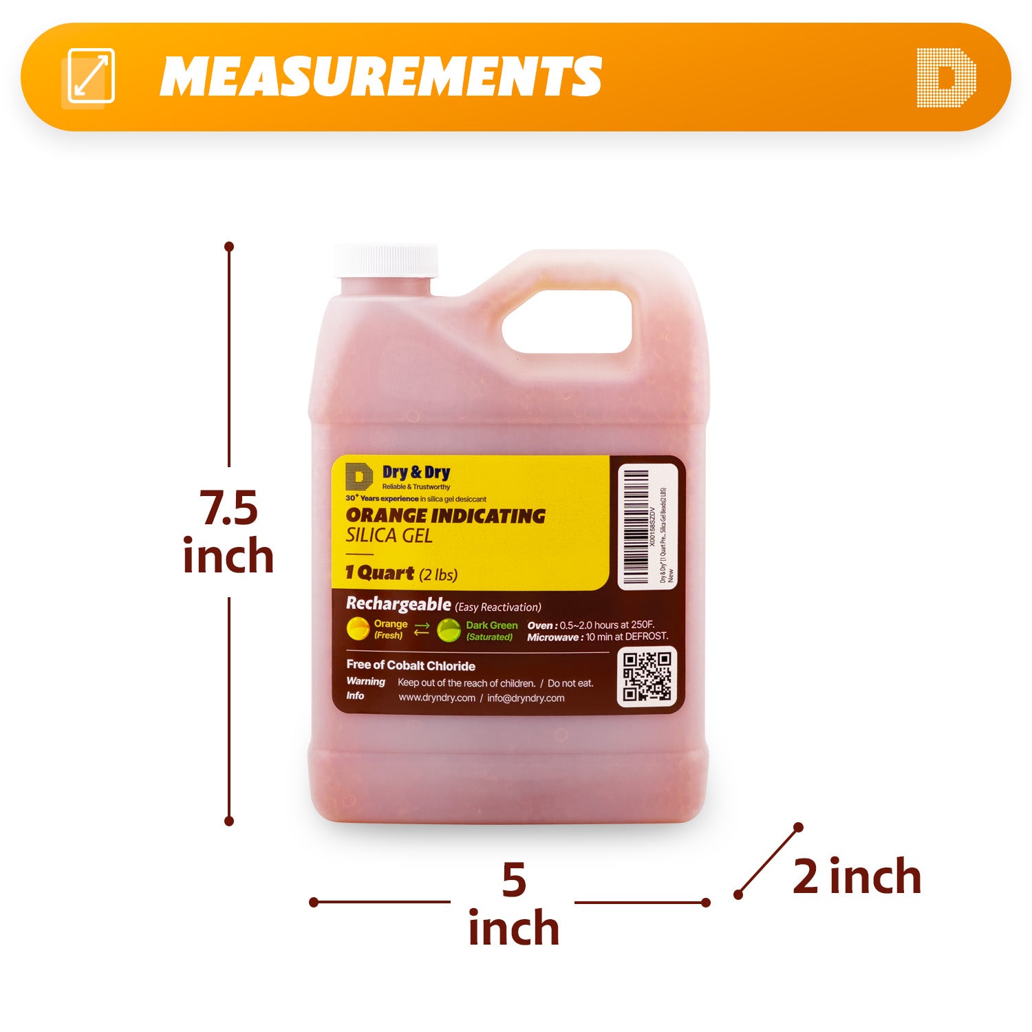 1 Quart(2 LBS) "Dry & Dry" Premium Orange Indicating Silica Gel Desiccant Bead