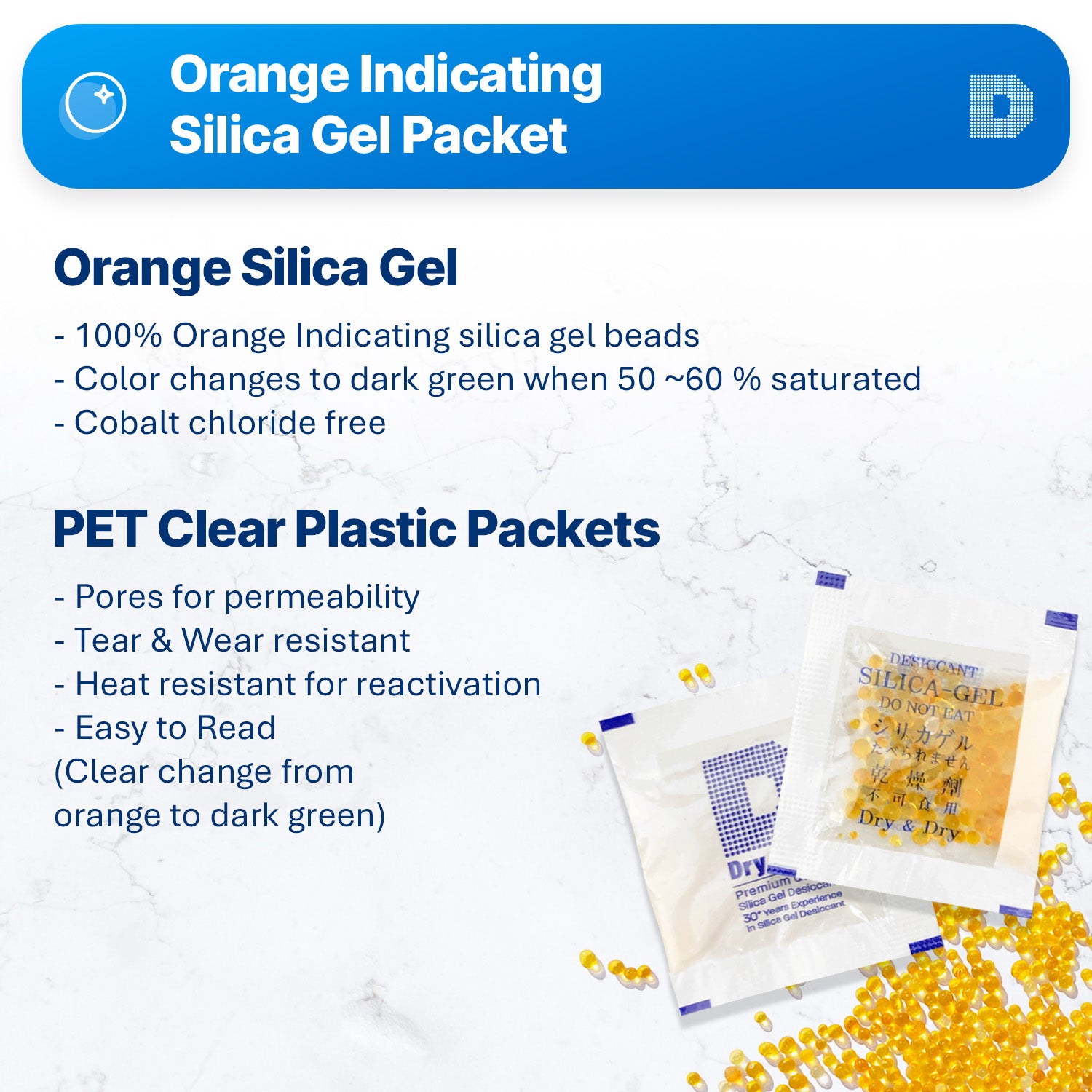 1 Gram Orange Indicating Clear Plastic(PET) Silica Gel Packets